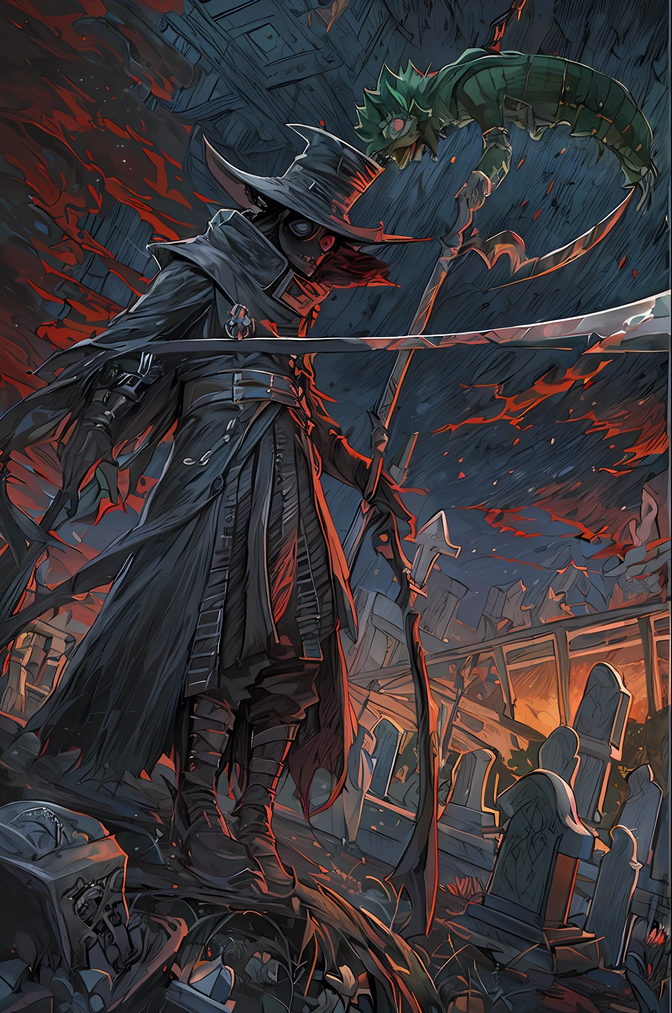 "((masterpiece)), best quality, ultra-detailed, expertly crafted character design, eerie atmosphere, dark and moody lighting, ominous shadows, unique interpretation of grim reaper and plague doctor, (Izuku Midoriya:1.3), (scythe:1.2), (cemetery:1.2), (crimson moon:1.2), (plague:1.2), Escher-style perspective, hauntingly beautiful scene."