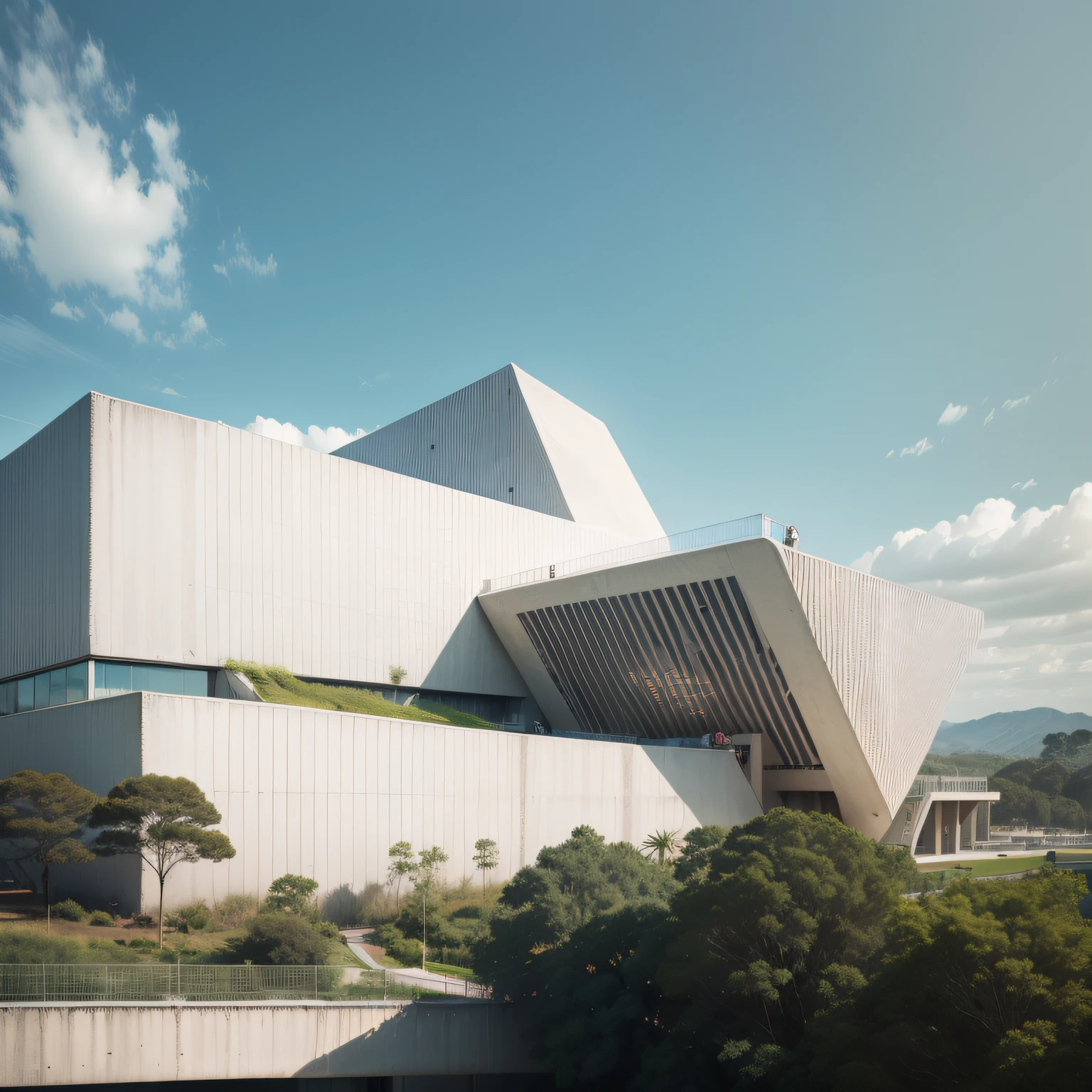 Um museu modeno, futuristic white concrete, com muito vidro nas fachadas, no maior da floresta, por Tadao Ando, organic form — ar 16: hiperealismo