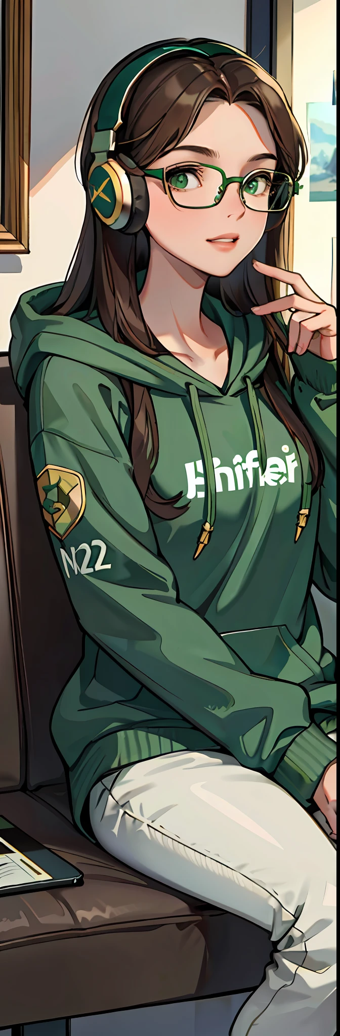 (masterpiece:1.2, best quality), (1lady, solo:1.2), brown hair, long hair, glasses, green eyes, headphone, green hoodie, room