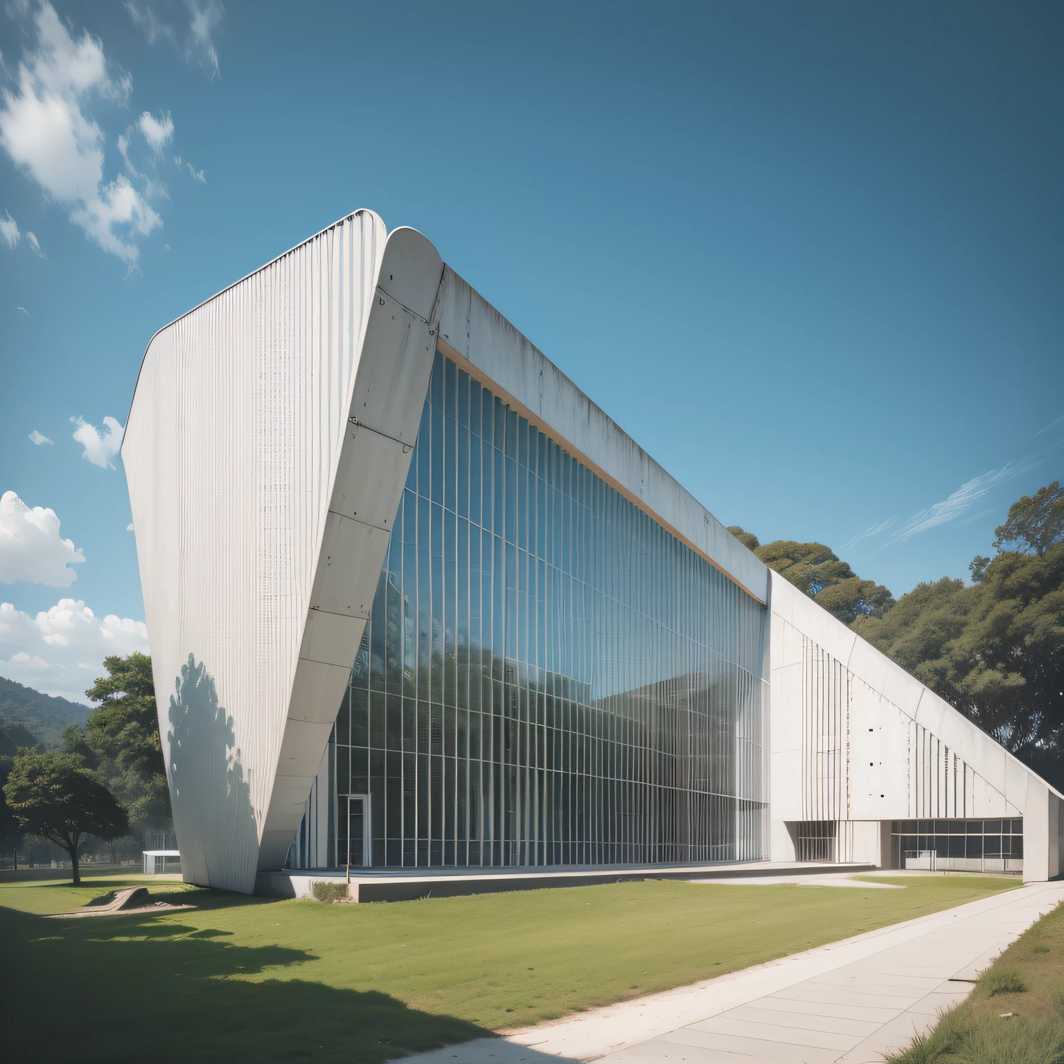 Um museu modeno, futuristic white concrete, com muito vidro nas fachadas, no maior da floresta, por Tadao Ando, organic form — ar 16: hiperealismo
