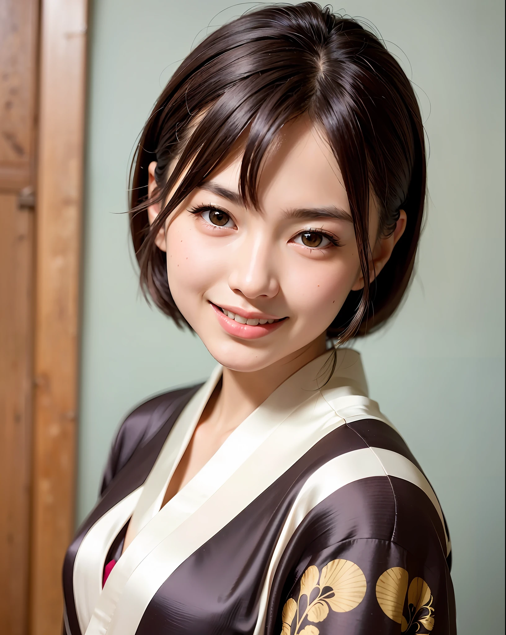 best quality, face focus, soft light, (depth of field) ,ultra high res, (photorealistic:1.4), RAW photo, (portrait:1.4) ,(from front)
1japanese girl, solo, cute, (shy, smile:1.1), (brown eyes),  detailed beautiful face, (short_hair ), japanese-style room
(silk kimono:1.4)