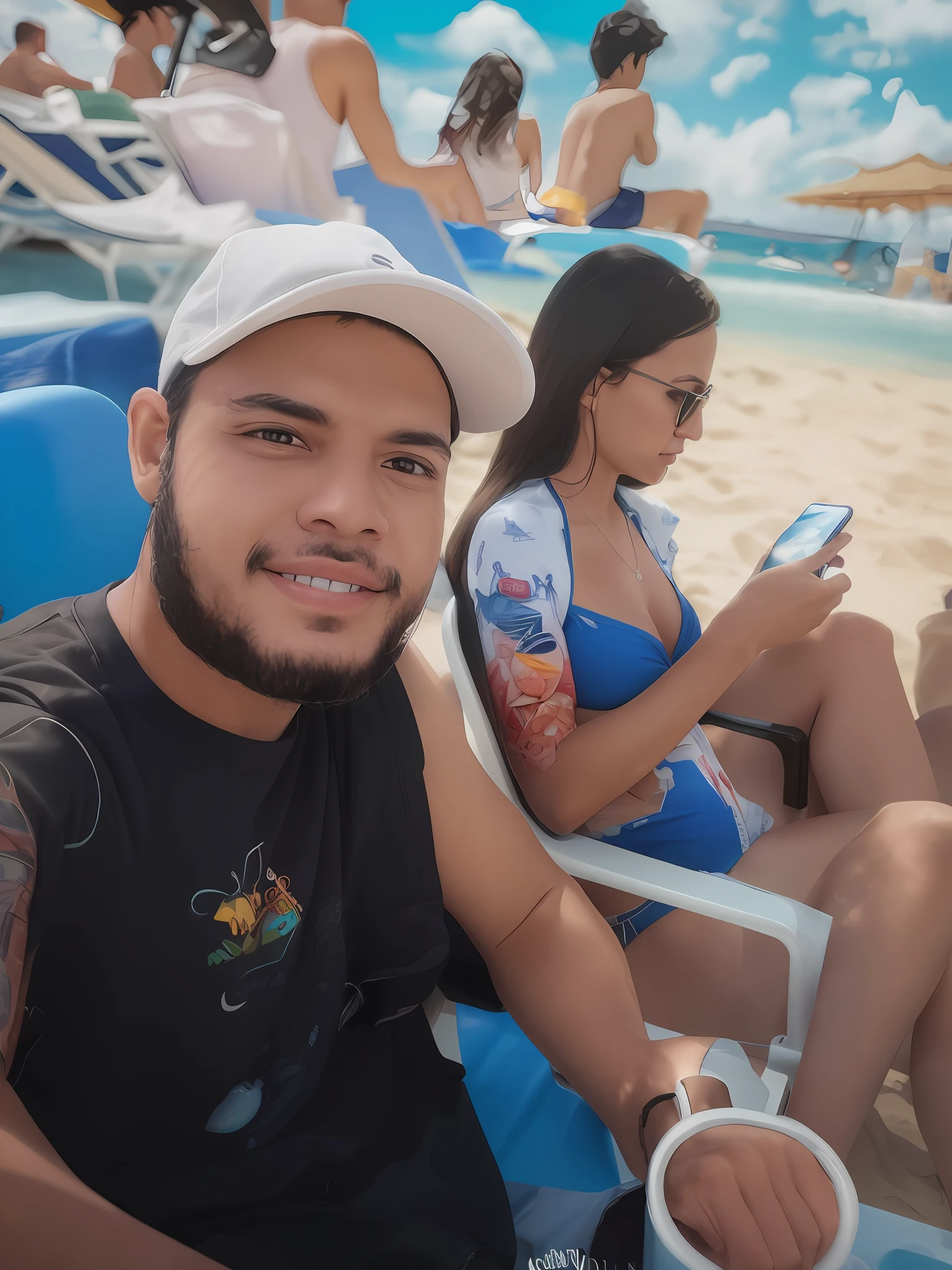 There is a man and a woman sitting on a beach chair, foto de baixa qualidade, imagem de qualidade muito baixa, caio santos, 1614572159, 4 k post, Postagem 4k, sentado na piscina, fotografia de baixa qualidade, Directed by: Nandor Soldier, na praia, Foto realista, Tiro em GoPro9