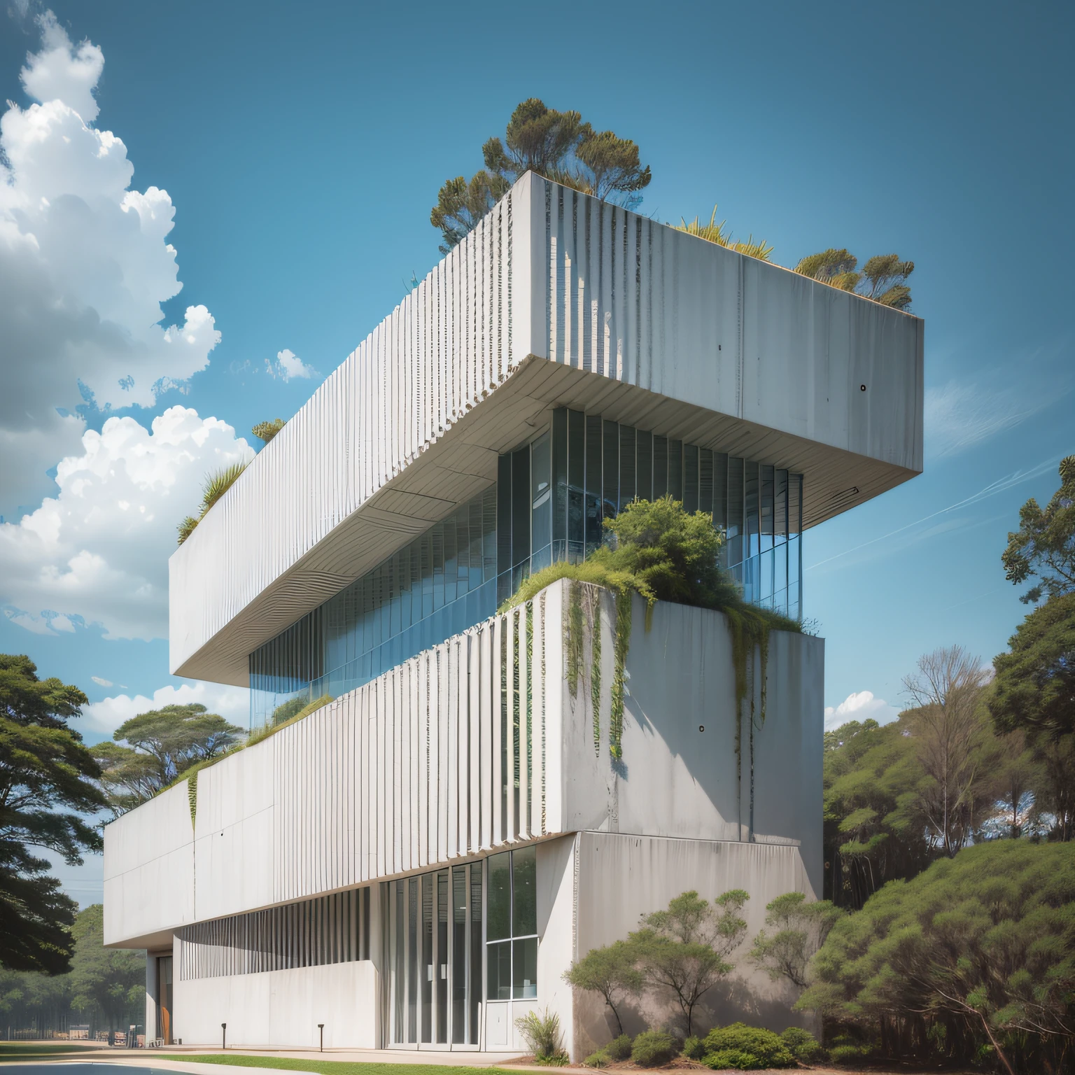 Um museu modeno, futuristic white concrete, com muito vidro nas fachadas, no maior da floresta, por Tadao Ando, organic form — ar 16: hiperealismo