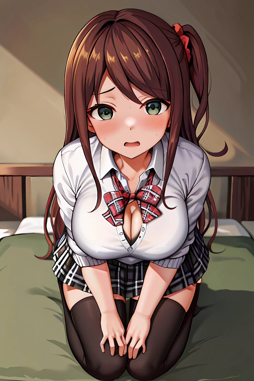 ​masterpiece, hightquality, top-quality, hight resolution, 4K, high-detail, beautiful  lighting,extra detailed face, well-drawn hands, well-drawn legs,well-drawn feet,well-drawn eyes,1girl in, ​masterpiece、top-quality、hight resolution、Yoko Akabane、black thighhighs、pleatedskirt、plaid skirts、校服、One side up、a bow tie、Sweaters、white  shirt、Hair scrunchies、a miniskirt、medium ass, cleavage of the breast, 鎖骨, Unbuttoned shirt、unbuttoned blazer、Smacked from behind、On all fours、1 boy、、、Sweating、Wearing sweat、