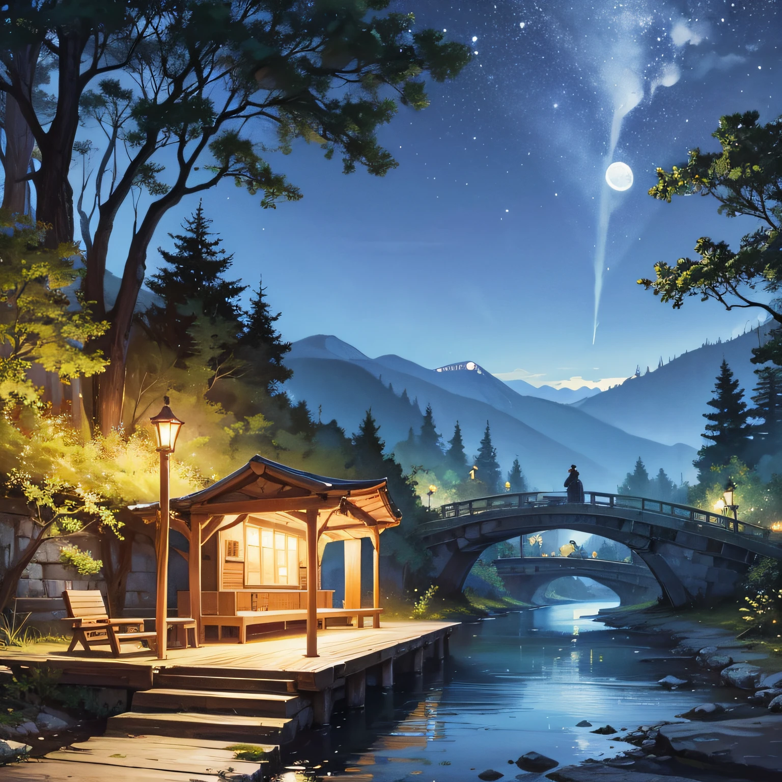 Landscape painting style,Blue moon,Quiet woods,There is a small bridge over the creek,The boat is leisurely in the moonlight,Nice night,The valley is leisurely --auto