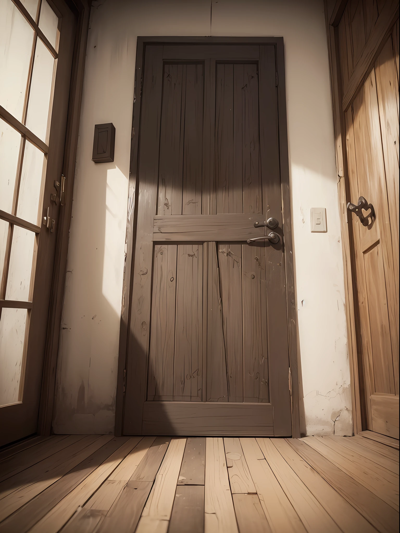 (1 old door made of rotting wooden planks at the bottom of an old room), (illustration:1.2 preto e branco),(melhor qualidade), (unidade de papel de parede 8k extremamente detalhado, imagem preto e branco, made in graphite pencils HB, (panorama shot: 1.4), (respingos), foco nítido, porta antiga, muito velha, enferrujada --auto