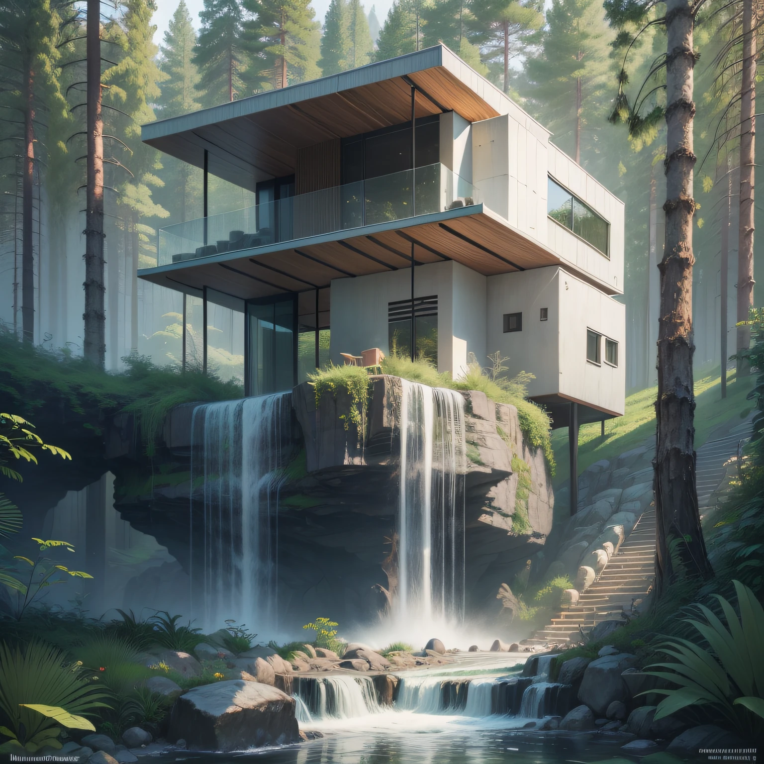 A waterfall in front of a modern white concrete house in the forest, a digital rendering by Maginel Wright Enright Barney, Pinterest, Modernismo, provia, creative commons attribution, biomorphic