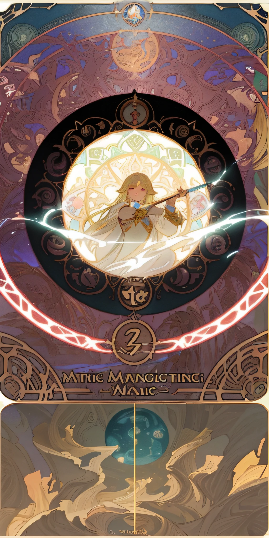 a picture of a card with a picture of a woman holding a sword, anime art nouveau cosmic display, mucha. art nouveau. gloomhaven, anime art nouveau, cushart krenz key art feminine, fantasy rpg symmetrical portrait, anime fantasy illustration, alphonse mucha and rossdraws, mucha style 4k, ornate borders + concept art, korean art nouveau anime