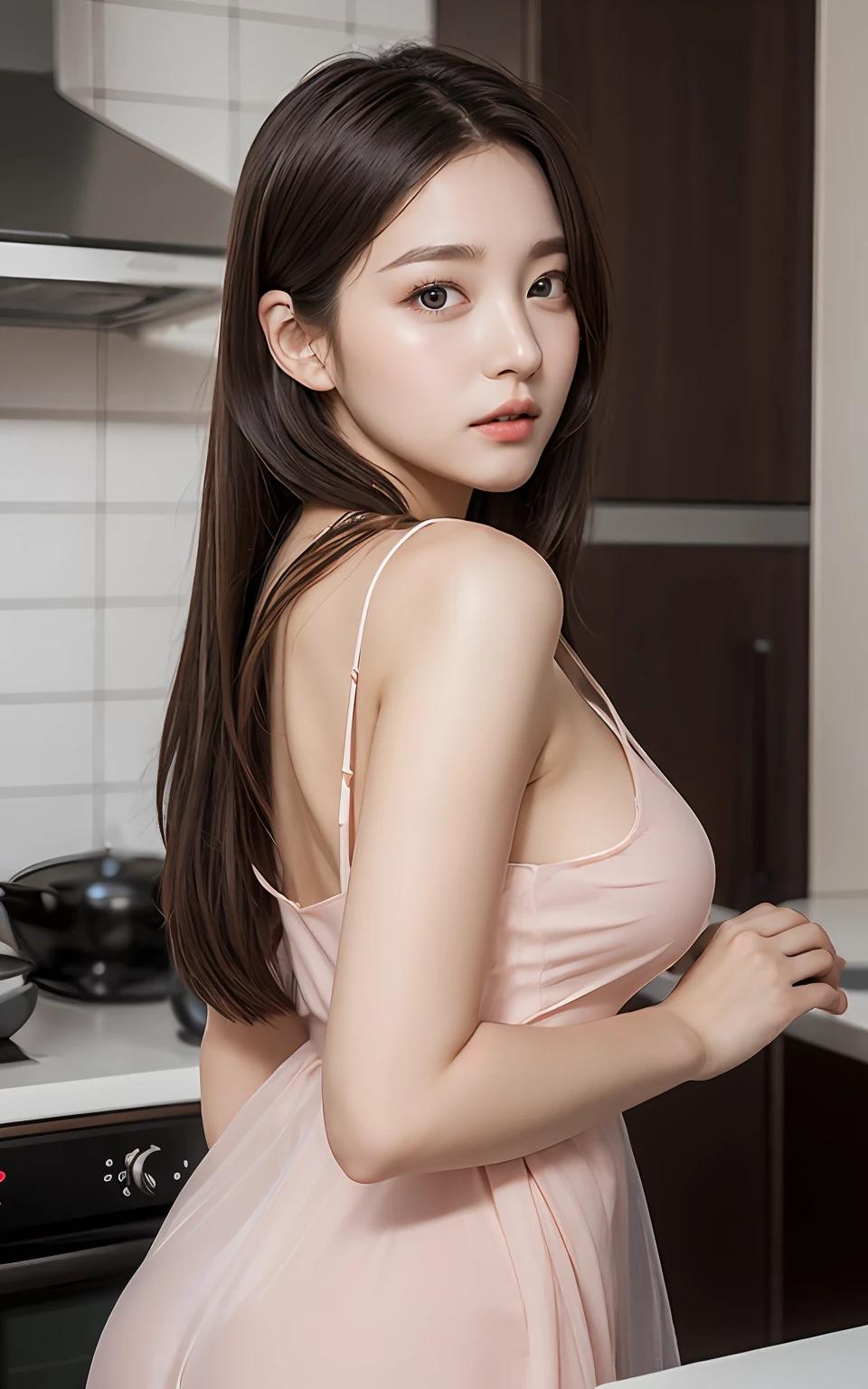 Highly detailed CG Unity 8k wallpaper, With the highest quality, super detailed, ​master piece, Realistic, photos realistic, extremely detailed cute girl, 25 years old, (negligee),  (blush) , Round eyes, Large breasts, looking viewer, Half body shot ,  kitchen ,   sitting , back shot