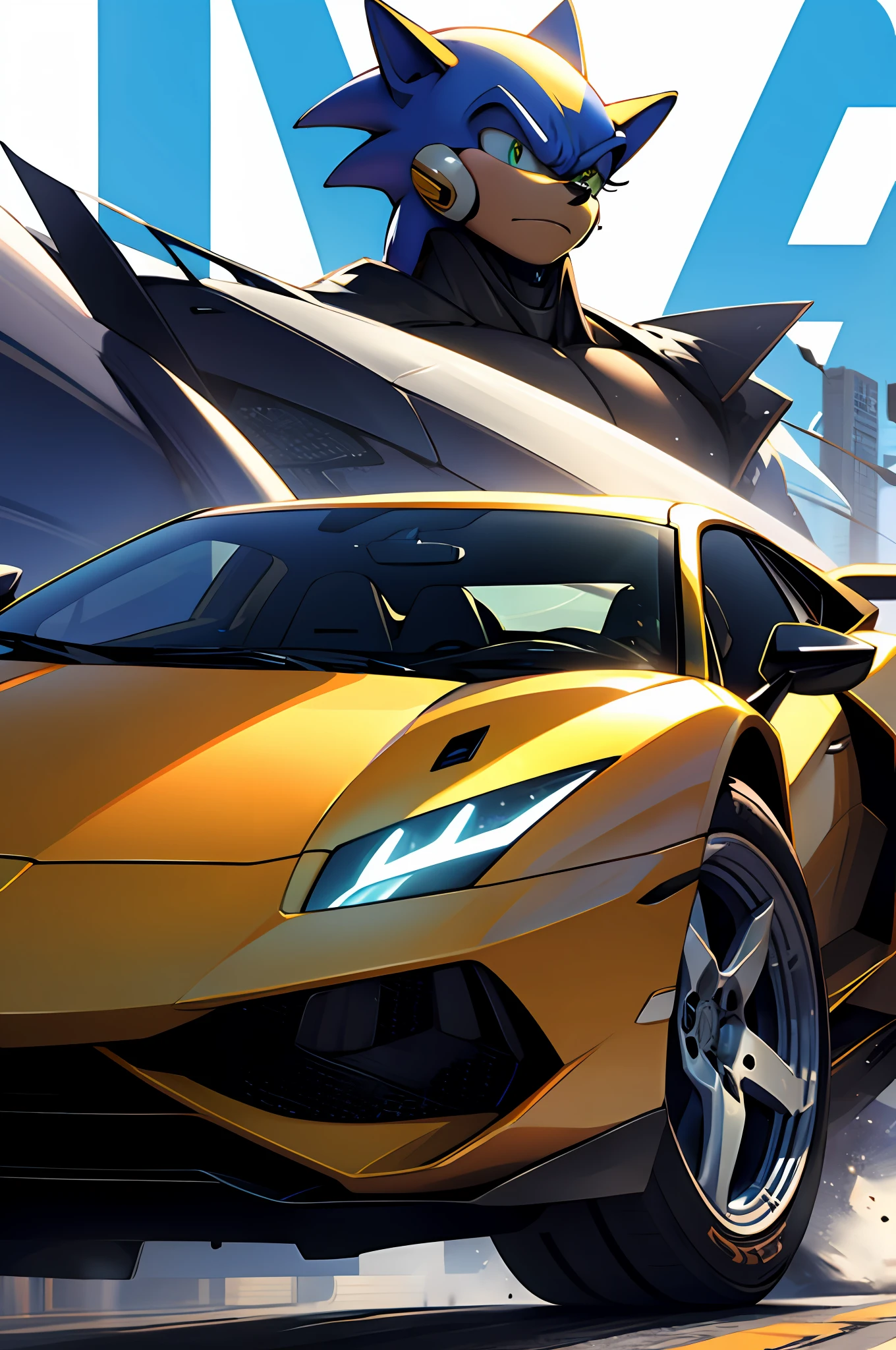 Mecha Sonic sits in a Lamborghini，