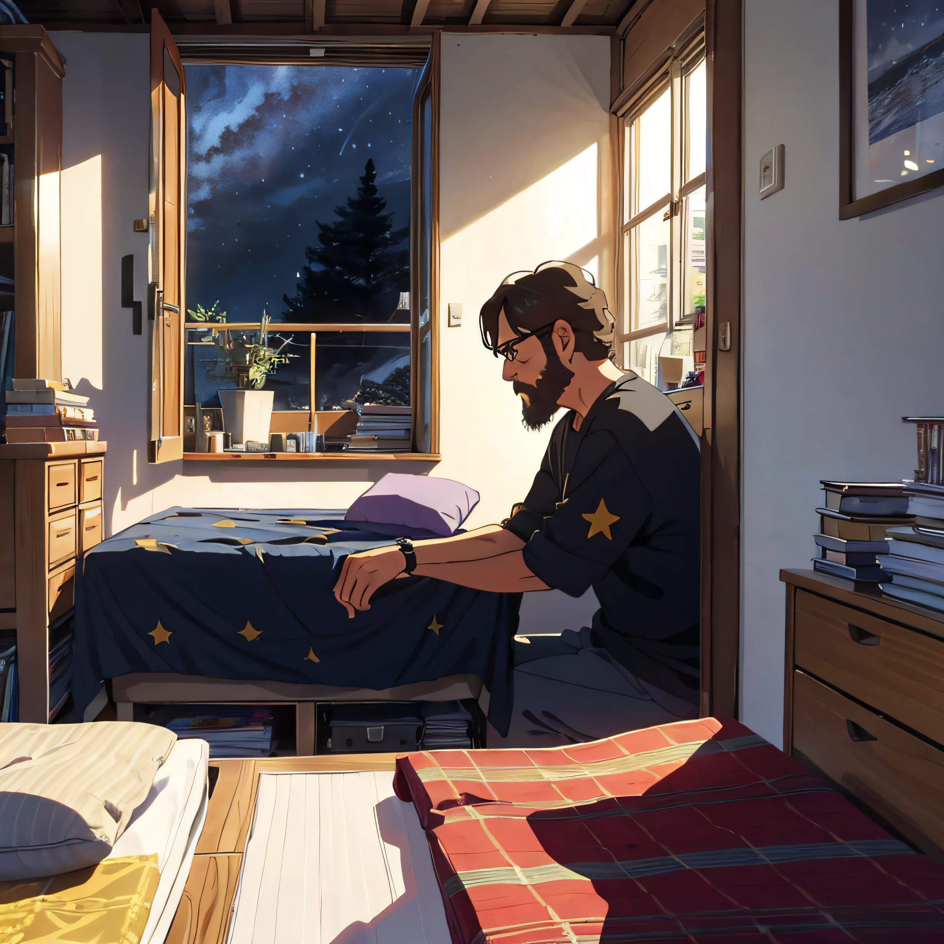 imagine um homem de aproximadamente 40 anos, com barba grande, roupa esfarrapada, em um quarto escuro, sentado em um bando ao lado da sua cama enquanto olha para a janela, where it has the scenery of a starry night --auto