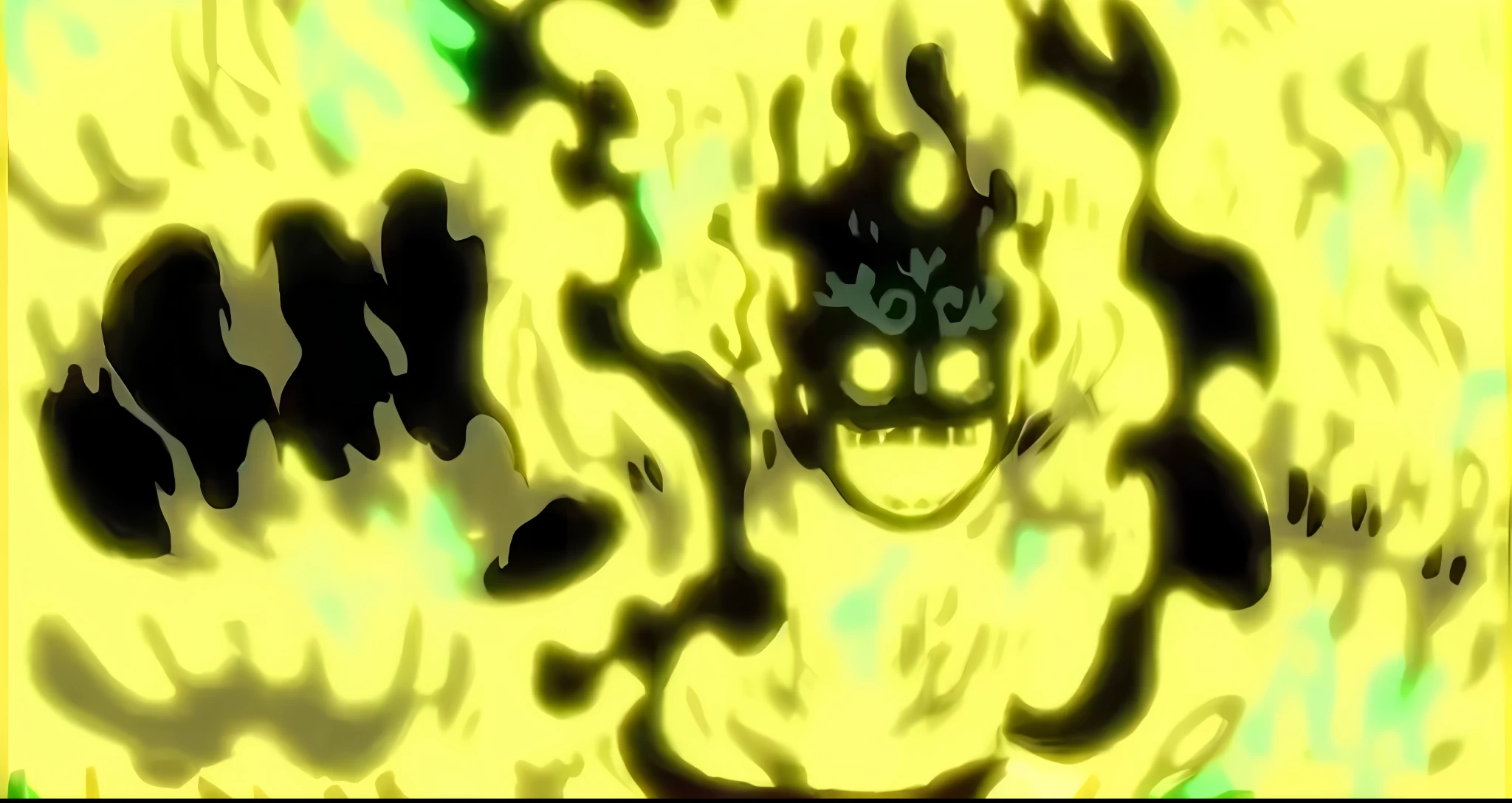 um close up de um personagem de desenho animado com um fogo ao fundo, Infero Flamejante, menacing aura, Aura do Mal, rosto amarelo brilhante, todo o rosto coberto com um fogo, magical aura of insanity, transformando-se em sua forma final, Anime de blob, emanating menacing aura, aura negra brilhante, Coringa se parece com Naruto, The background is on fire, nove caudas, texturas ultra detalhadas