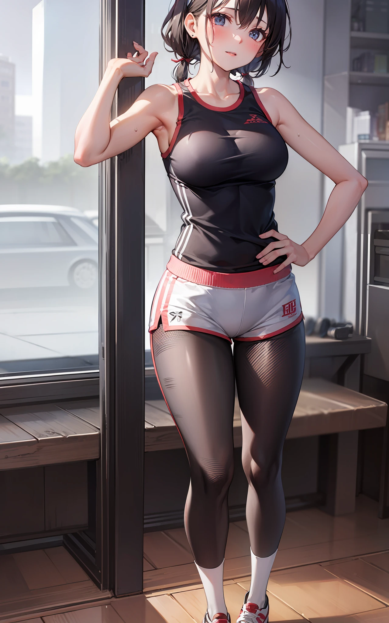 top-quality、hight resolution、detaileds、gym、Beautuful Women、Tight shorts、Sweating、