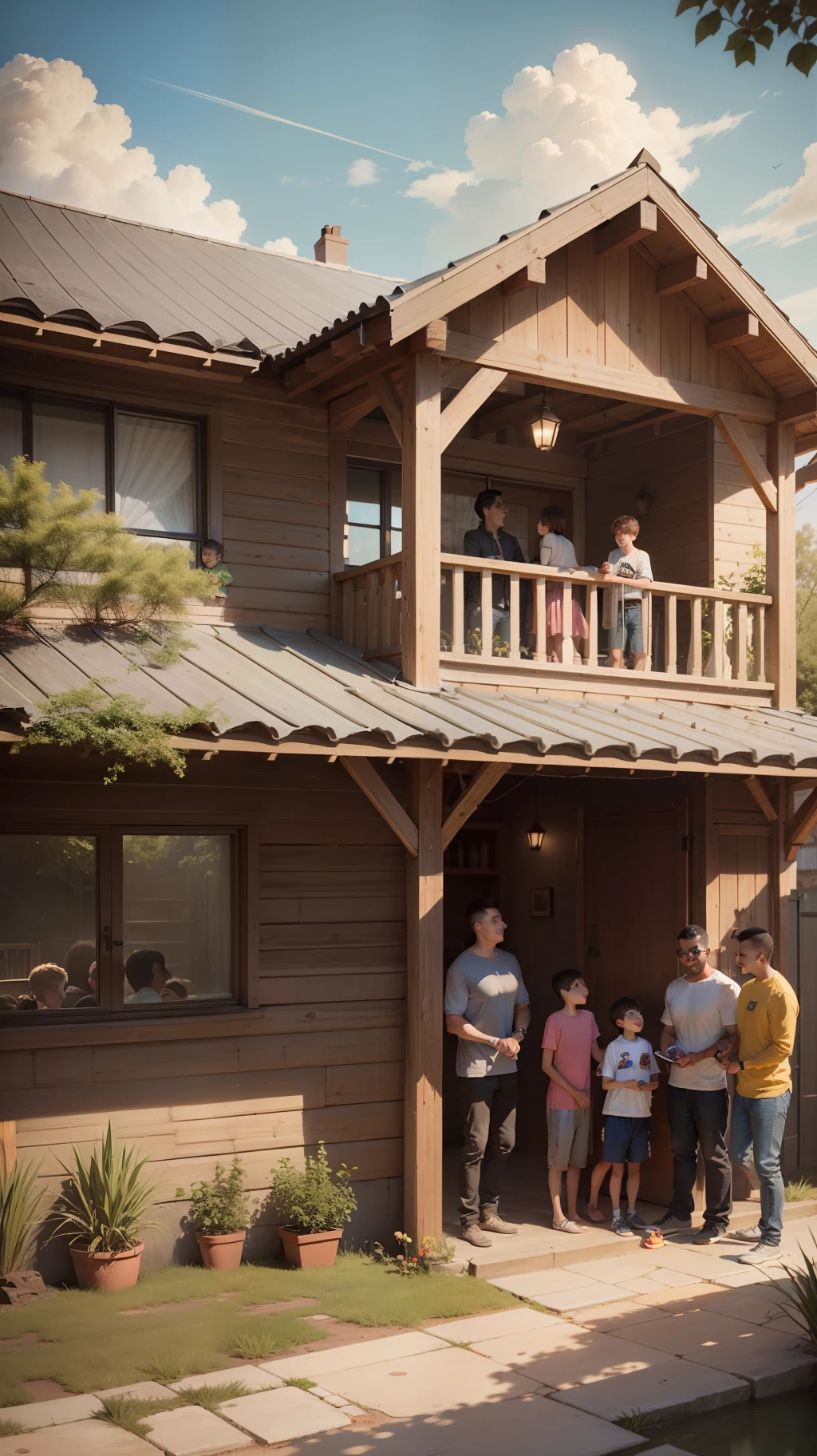 A family welcoming four boys in their house.