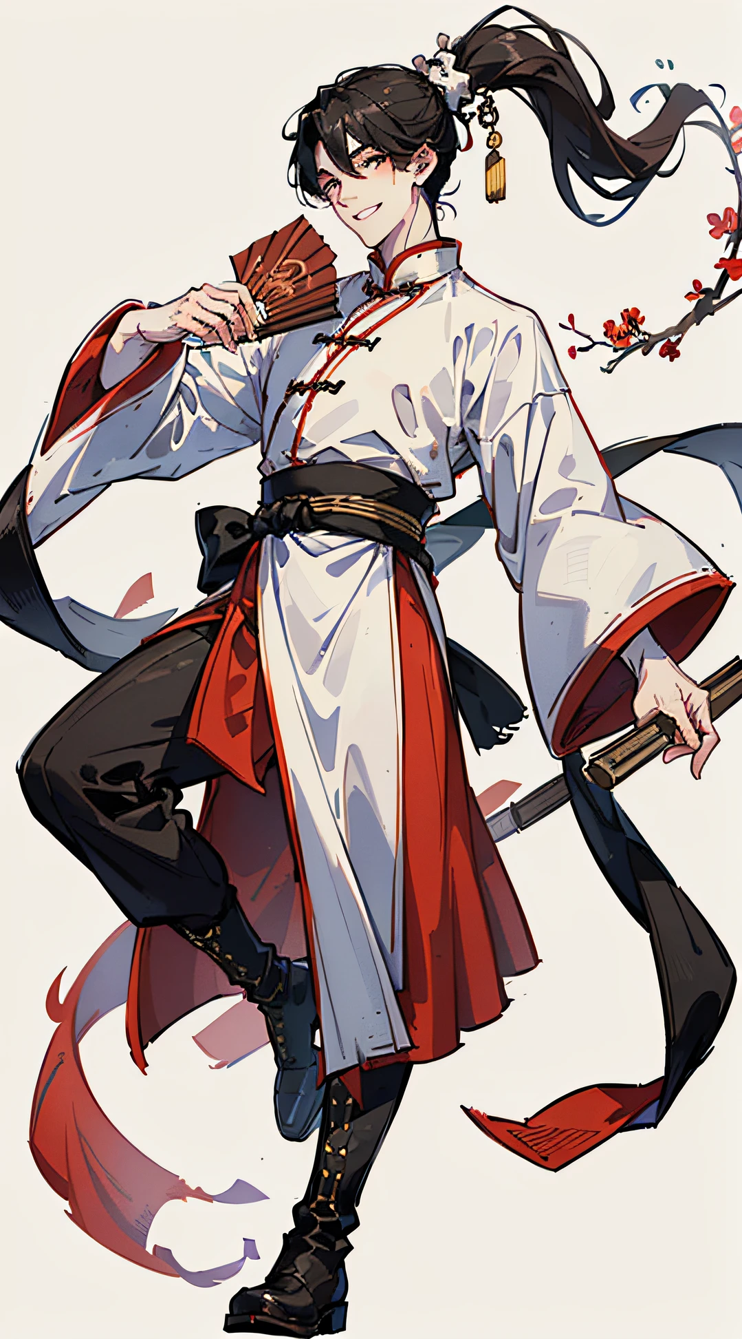 (Handsome Chinese young boy:1.5) with (high ponytail) and (black hair), wearing (red Round neck hanfu), holding a (white Chinese folding fan:1.2), (smiling) confidently, (black belt) neatly tied around his waist, (black boots) on his feet.