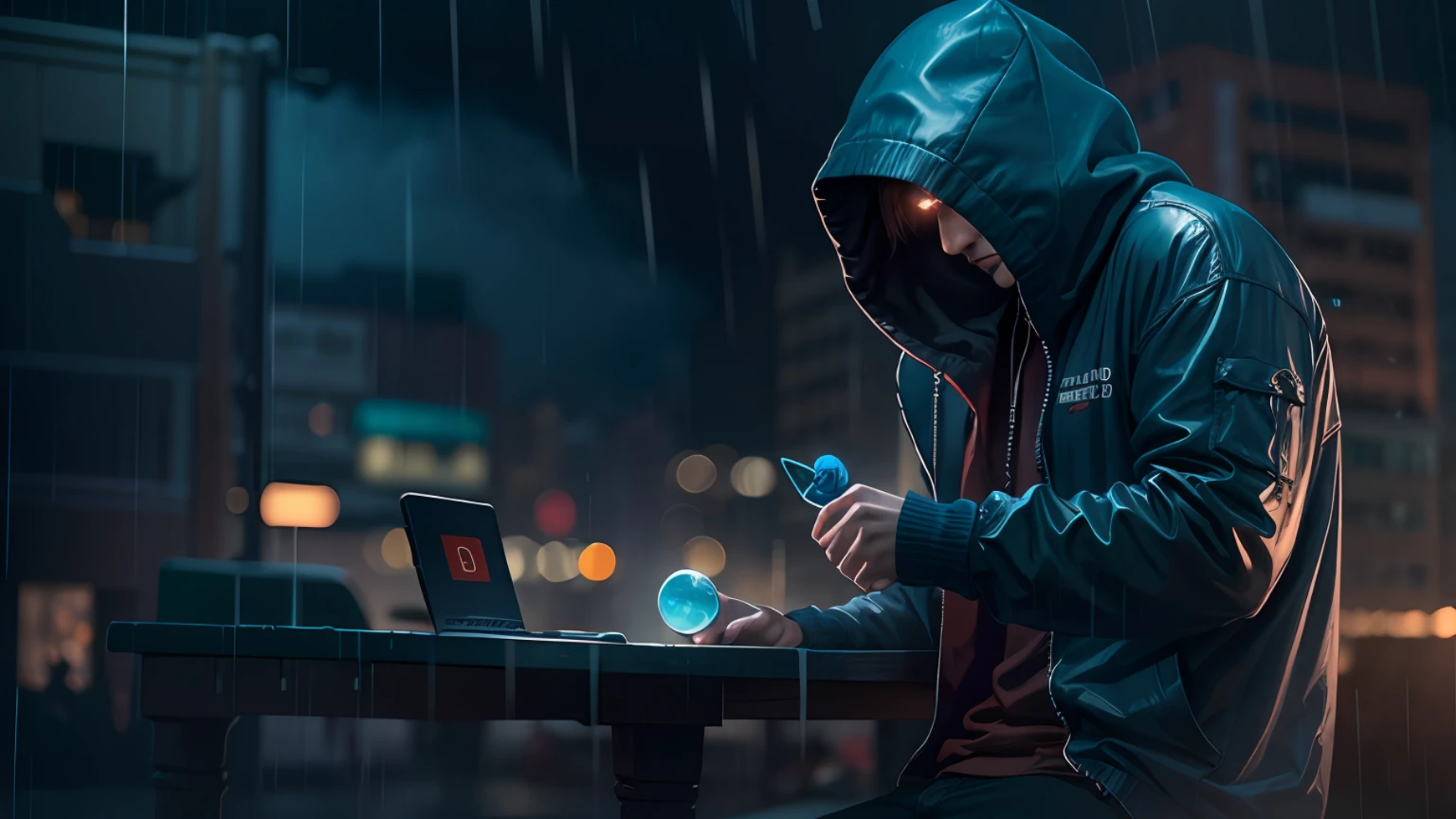 1man, hacker, hood, holding a worm pill and a blue one, movie set, dark light ends, night, rain, volumetric lighting, best quality, masterpiece, realistic --auto