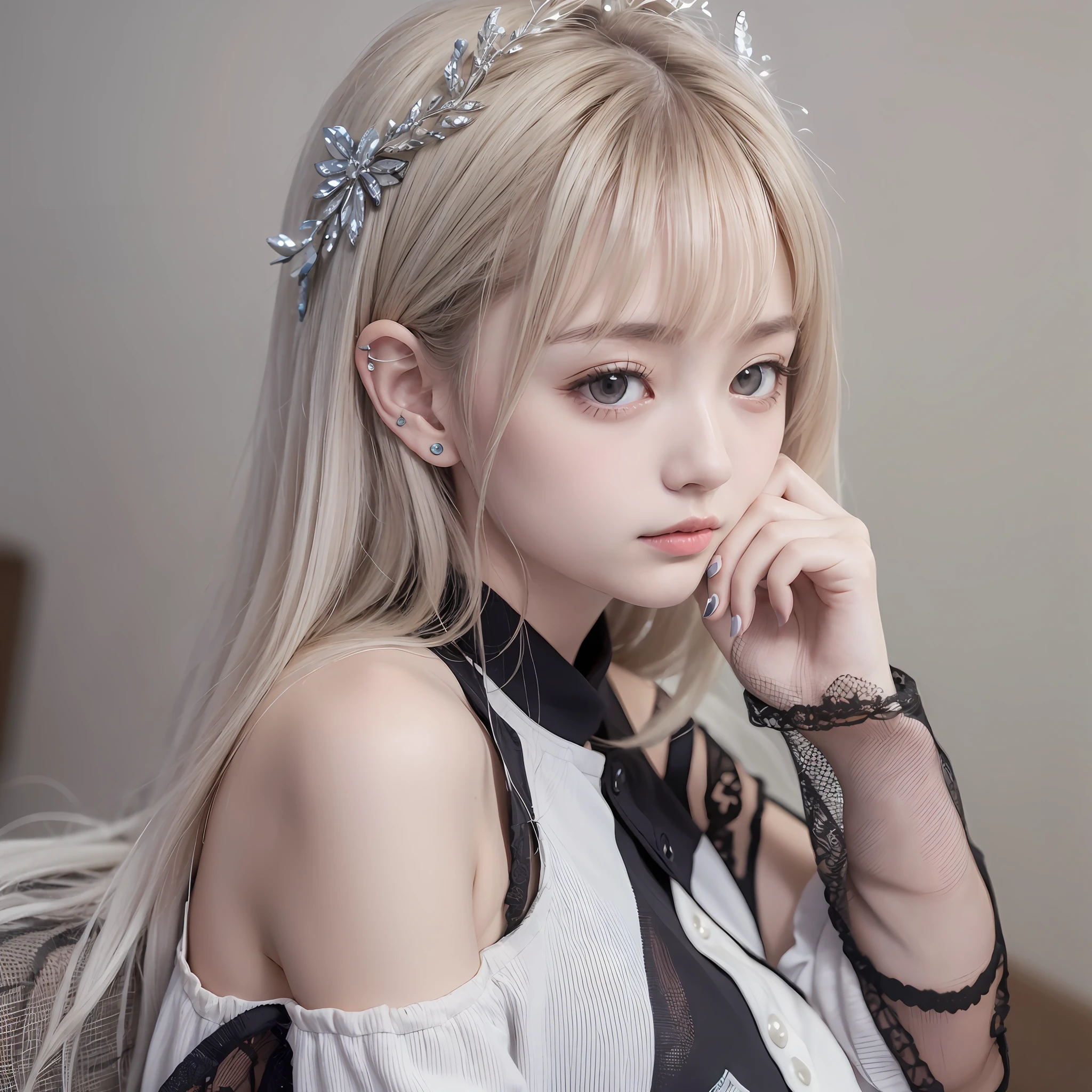 top-quality、ighly detailed、masterpiece、ultra-detailliert、(realisitic:1.2)、 1girl in,(white backgrounid)、simple background、Delicat eyes、silber hair、a purple eye、hair_ornament、(White off-the-shoulder shirt:1.3)、length hair、pointy_ears、crown_braid、deadpan、straight haired、(++sitting on:1.2)、large full breasts