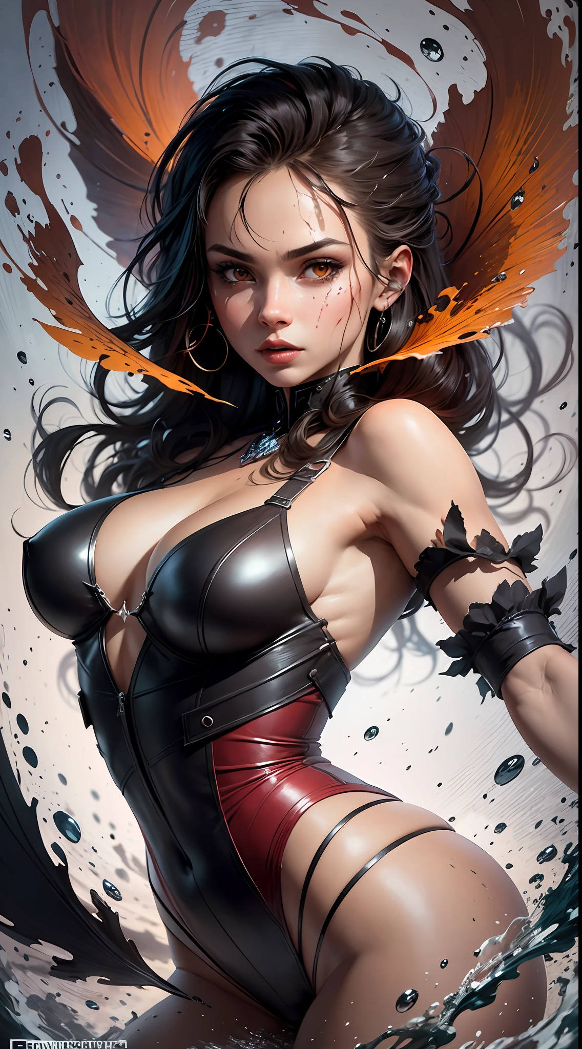 a detailed and captivating description of a seductive vampire with short red clothes, beautiful and symmetrical brown eyes, dazzling and meticulously elaborated face, in a dynamic pose, in the style of artists such as Russ Mills, Darek Zabrocki, Ivan laliashvili, Jean-Baptiste Monge. Ink falling into the water, splashes and stains, paper texture, pulp sleeve style and perfect shading, with dramatic lighting. The artwork must be centered, stylized, and elaborated. Rendered in 8K resolution for high-quality detail, artstation, concept art, smooth and sharp focus, detailed illustration, soft and natural light, volumetric and cinematic, intricate artwork.