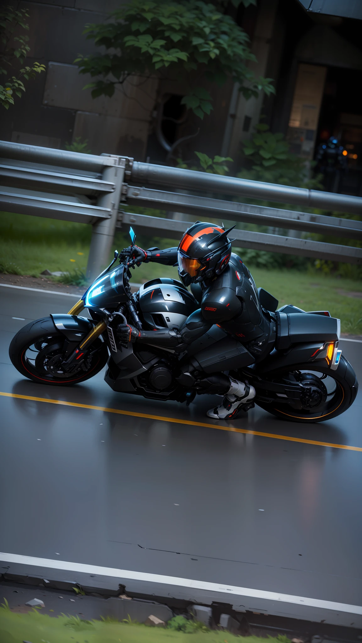 Handsome full body black mecha white short hair cyber handsome warrior, black cyber mechanical motorcycle, high-tech black full surround helmet, white short hair, Nousr, biomechanics, MSHN robot man, high-tech helmet, surreal, steel, complex design, crazy details, fine details, extremely clear lines, cinematic lighting, photo realism, detailed masterpiece