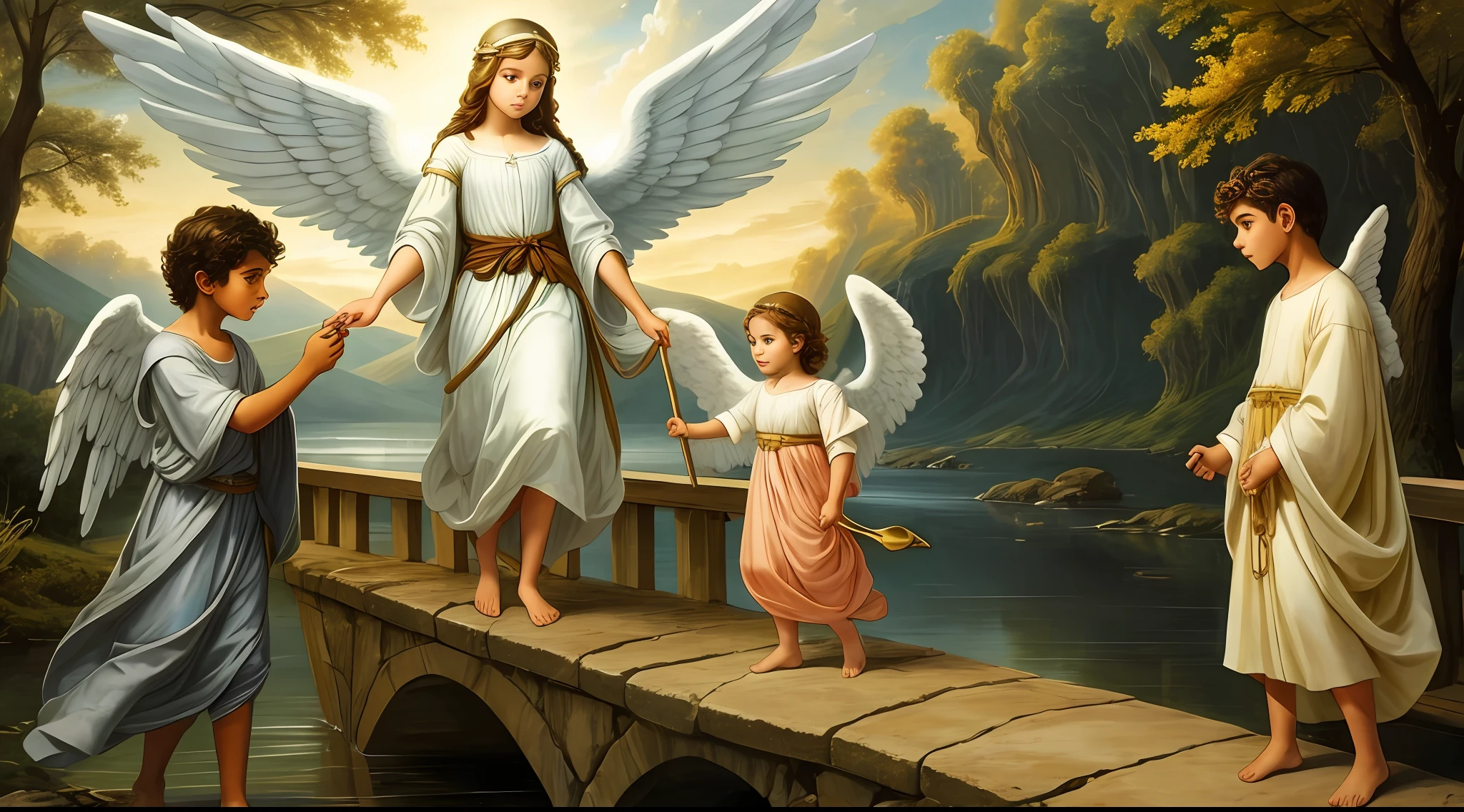 Painting of a boy and a girl standing on a bridge with An angel, de anjo lindo, anjos, 2 anjos, anjo bonito, anjo, angelic, anjos em vestidos de gaze branca, de uma menina anjo bonita, anjo protegendo a mulher, cheio de pinturas de anjos, Angelic purity, Tema de anjo, childrens, angels protecting a praying man, angelic, Um anjo, 8k