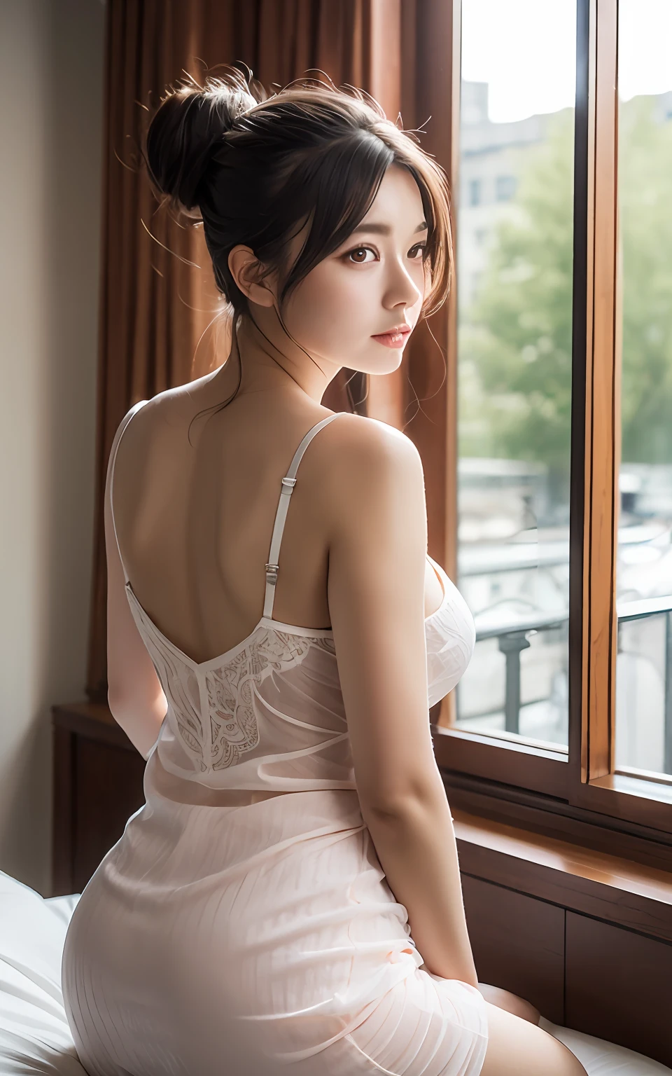 Highly detailed CG Unity 8k wallpaper, With the highest quality, super detailed, master piece, Realistic, photos realistic, extremely detailed cute girl, 25 years old, (negligee), (blush) , Round eyes, Large breasts, looking viewer, Half body shot , hotel , bed, sitting, by the window , hair bun , back shot