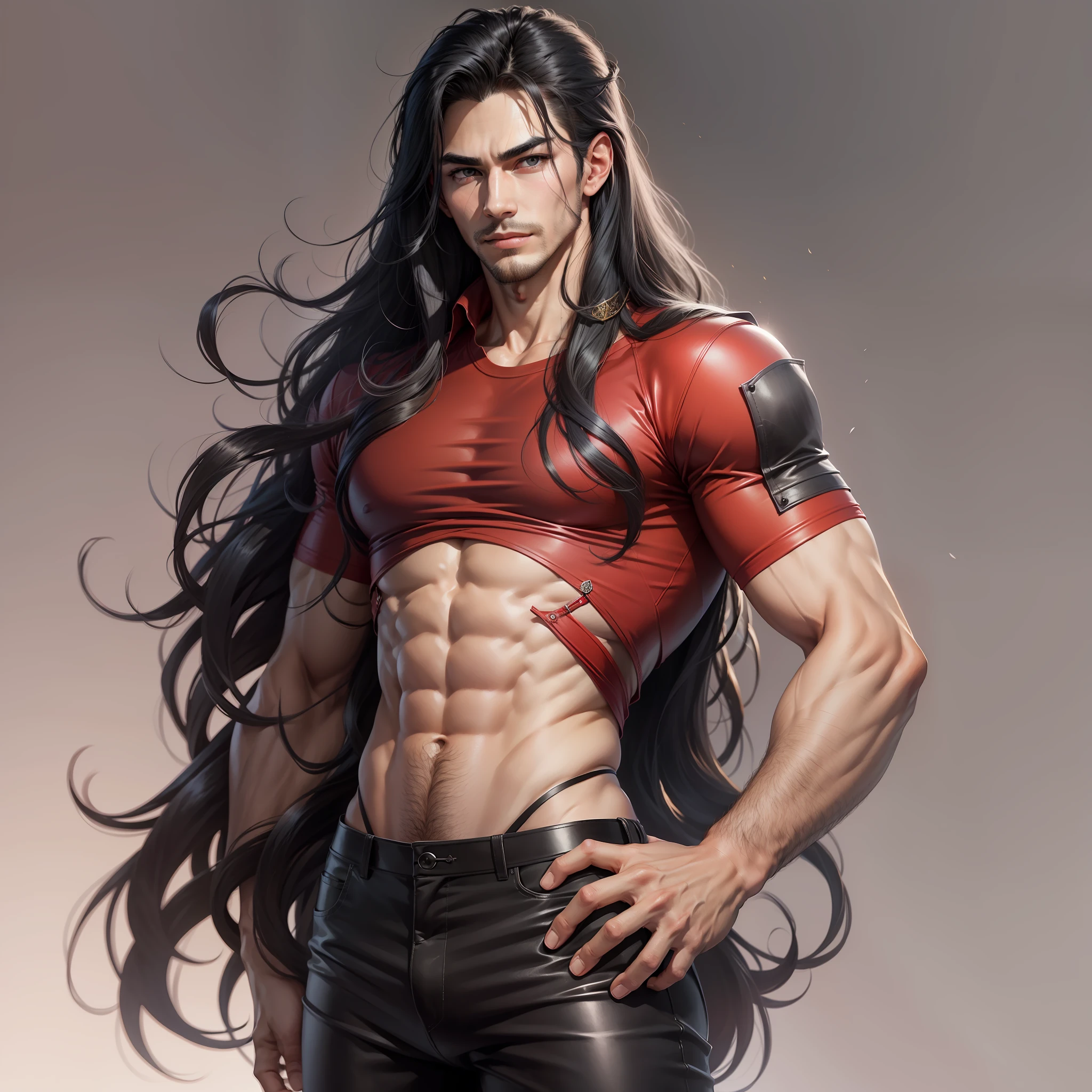 Handsome male, long black hair, straight long hair, grey eyes, bushy brows, smirk, arrogant expression, detailed body, detailed hands, 5 fingers, red shirt, black pants