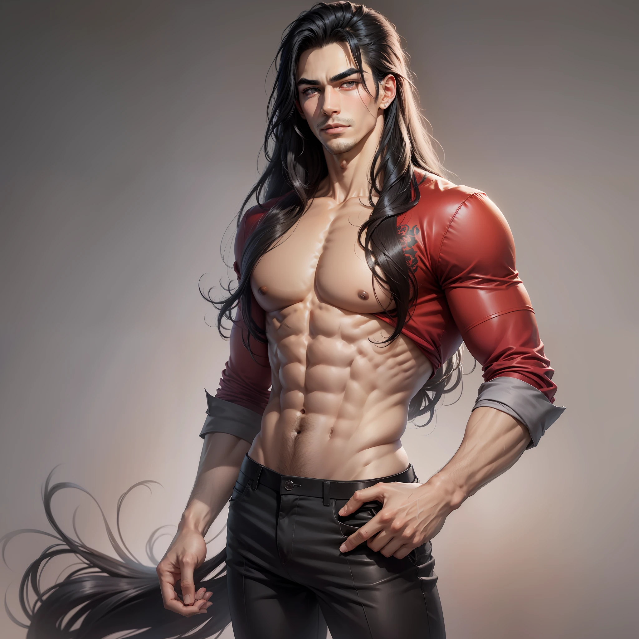 Handsome male, long black hair, straight long hair, grey eyes, bushy brows, smirk, arrogant expression, detailed body, detailed hands, 5 fingers, red shirt, black pants