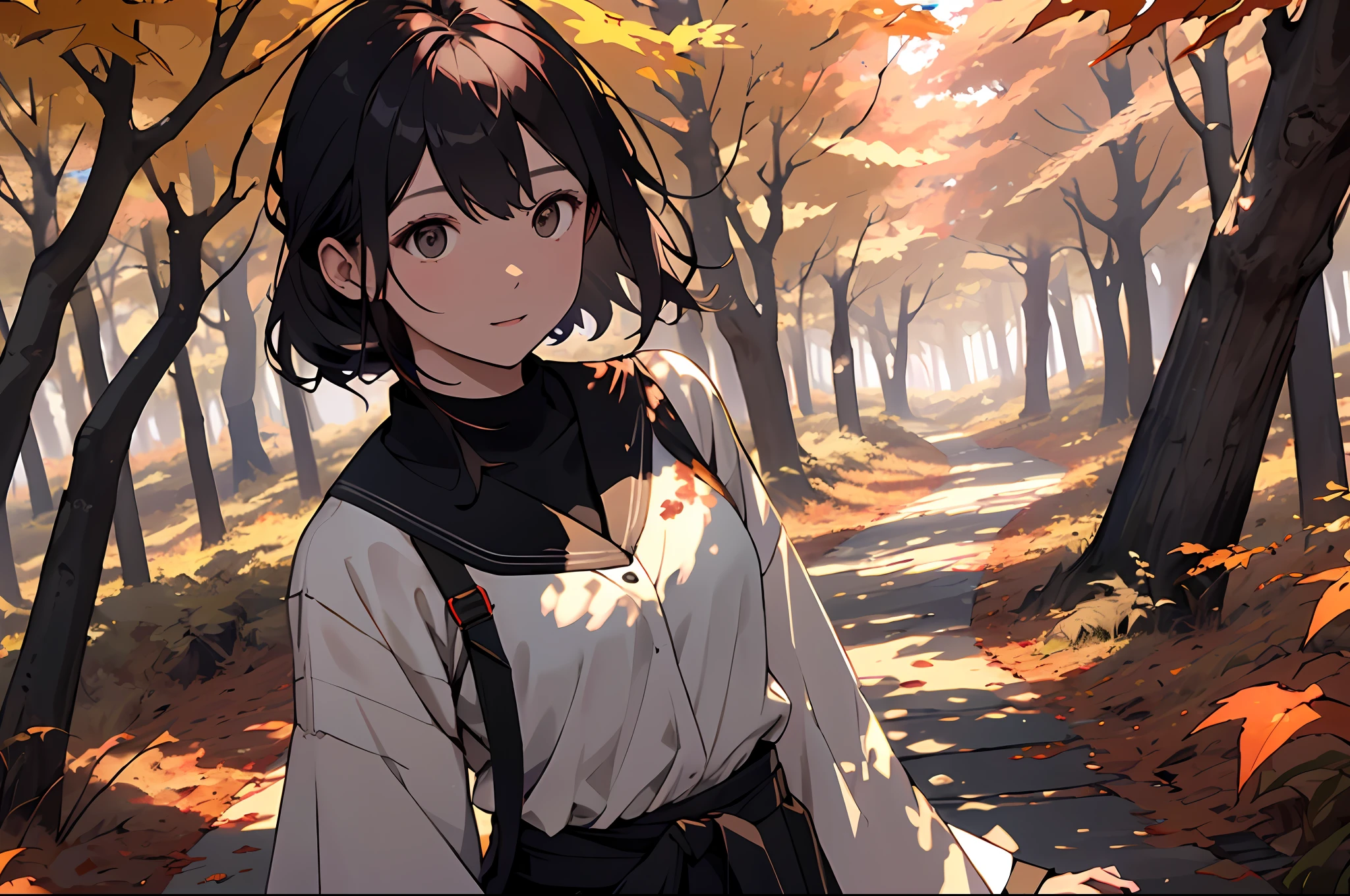 realisitic、((Forest of autumn leaves))、Woman in the forest and sunshine, a 20 yo woman、shorth hair, Nice hairstyle, Nice clothes、Looking at the camera、Colored leaves