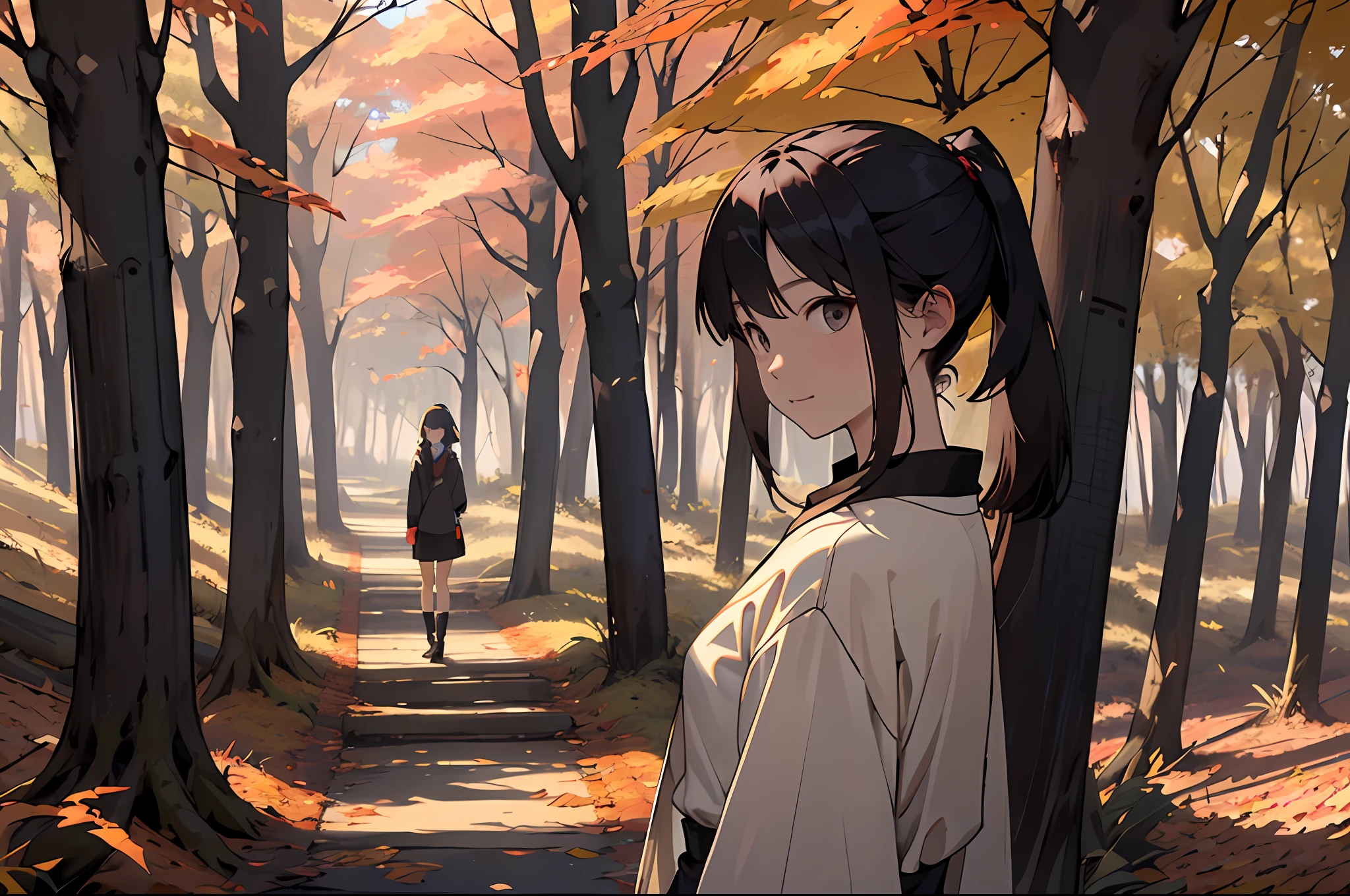 realisitic、((Forest of autumn leaves))、Woman in the forest and sunshine, a 20 yo woman、shorth hair, Nice hairstyle, Nice clothes、Looking at the camera、Colored leaves