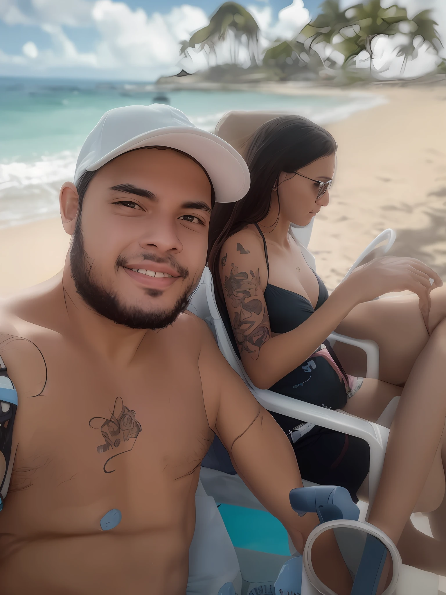 There is a man and a woman sitting on a beach chair, foto de baixa qualidade, imagem de qualidade muito baixa, caio santos, 1614572159, 4 k post, Postagem 4k, sentado na piscina, fotografia de baixa qualidade, Directed by: Nandor Soldier, na praia, Foto realista, Tiro em GoPro9