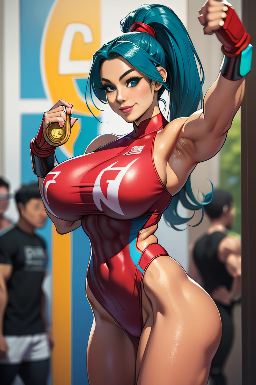 street fighter、Five Fingers、Very big big breasts、Chest that seems to burst、One lady、Long legs、Fitness Model、musculature、abdominals、Powerful Pose、punch、Emerald blue hair、Height 175cm、poneyTail、skin tanned、A smile、Glowing clothes、full-body view、publicity cosplay、full-cosplay、taken with canon 5d mk4、cosplay foto