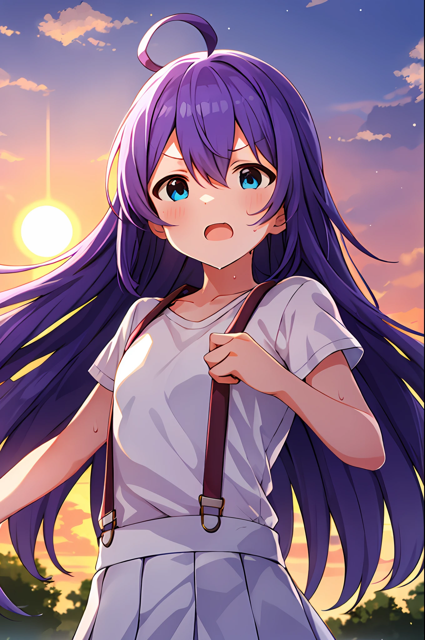 mochizuki anna,1girl in,Solo,Long hair,Purple hair,Medium chest.Ahoge,Blue eyes.Short stature.white t-shirts.suspenders.Skirt.Evening glow.the setting sun.Despair face.Sweat.Opening Mouth.up chest.clench your fists.