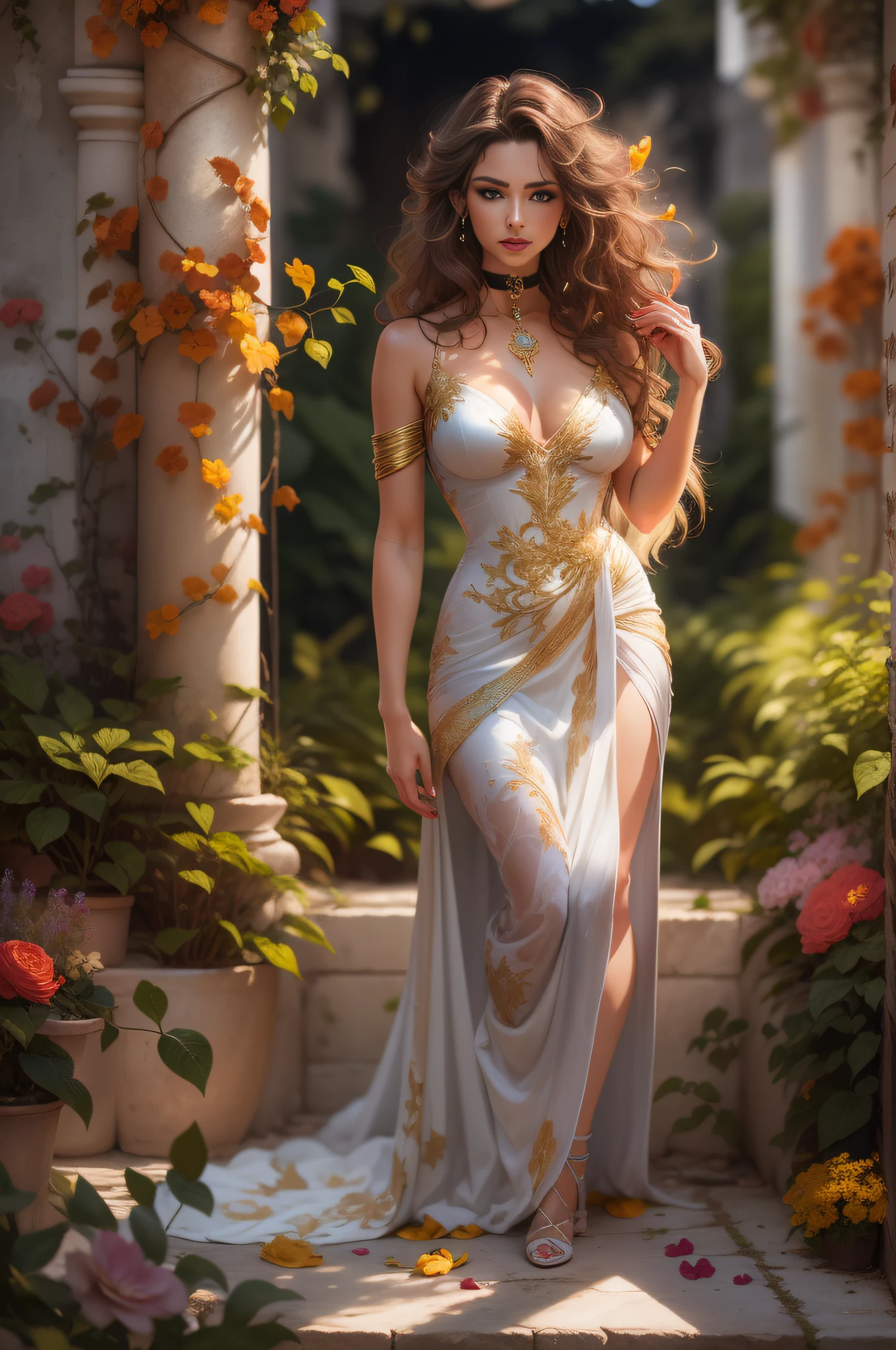 Aphrodite , full body potrait of a photorealistic beautiful seductress, Messy hair, in a greek garden, exotic white and gold vilain dress, choker style colar, bright color eyes, full body, Dark fantasy, Flowers, suns rays, Overcast