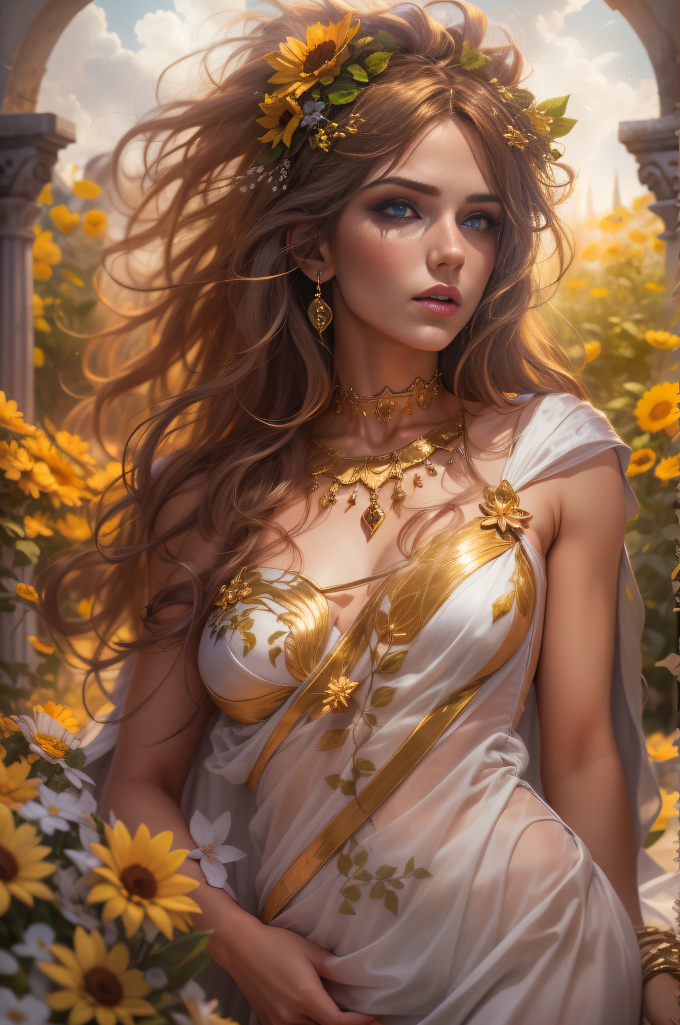 Aphrodite , full body potrait of a photorealistic beautiful seductress, Messy hair, in a greek garden, exotic white and gold vilain dress, choker style colar, bright color eyes, full body, Dark fantasy, Flowers, suns rays, Overcast