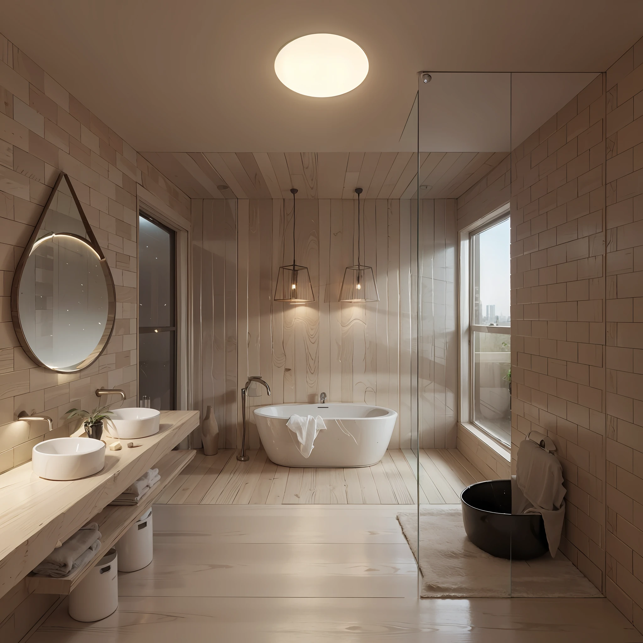 Minimalism interior 1, bathroom, soft ligt, twilight, full of lights, people