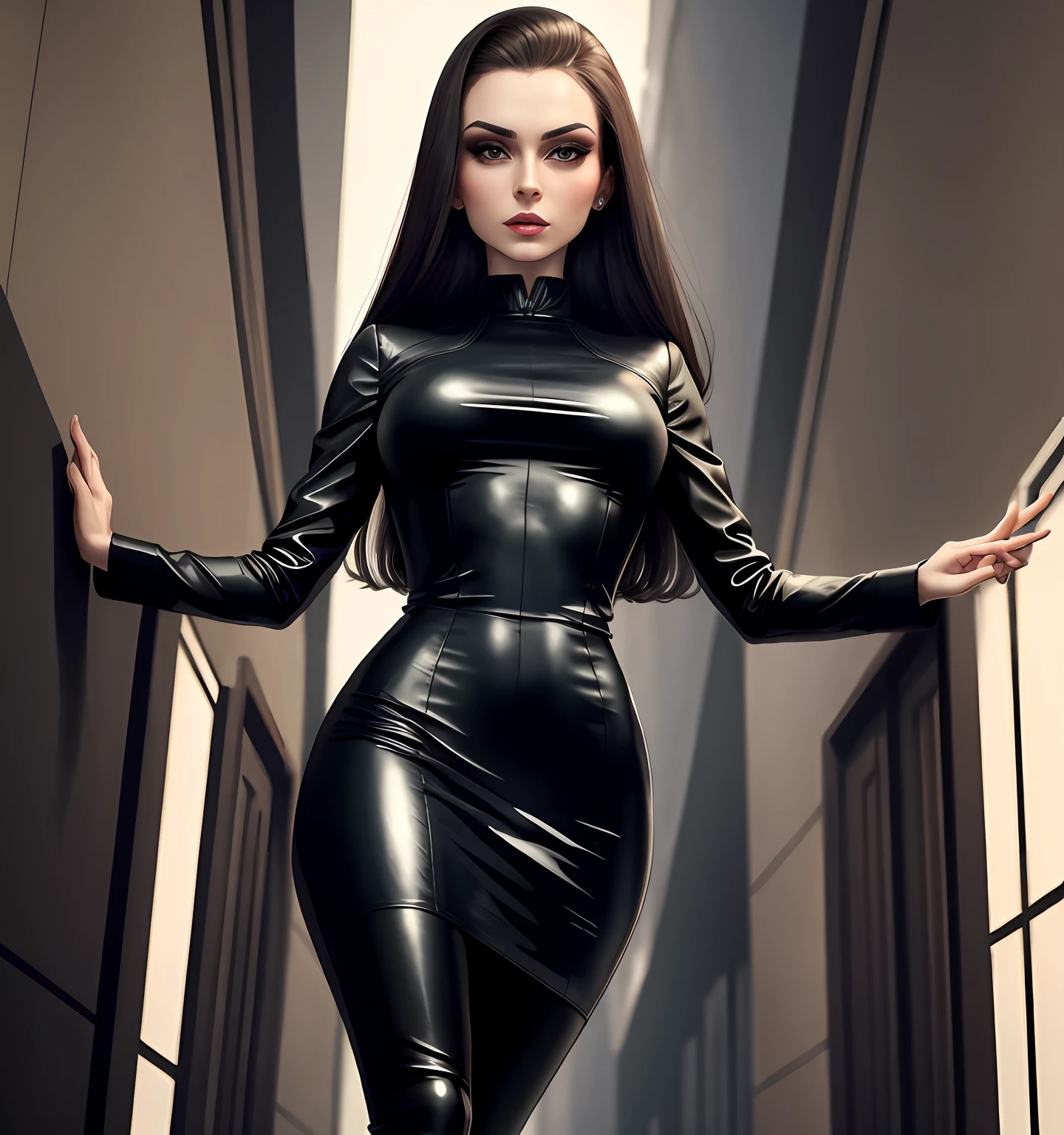 Russian Spy, en vestido ajustado de cuero negro, mirada penetrante, cejas elegantemente delgadas. cuerpo completo