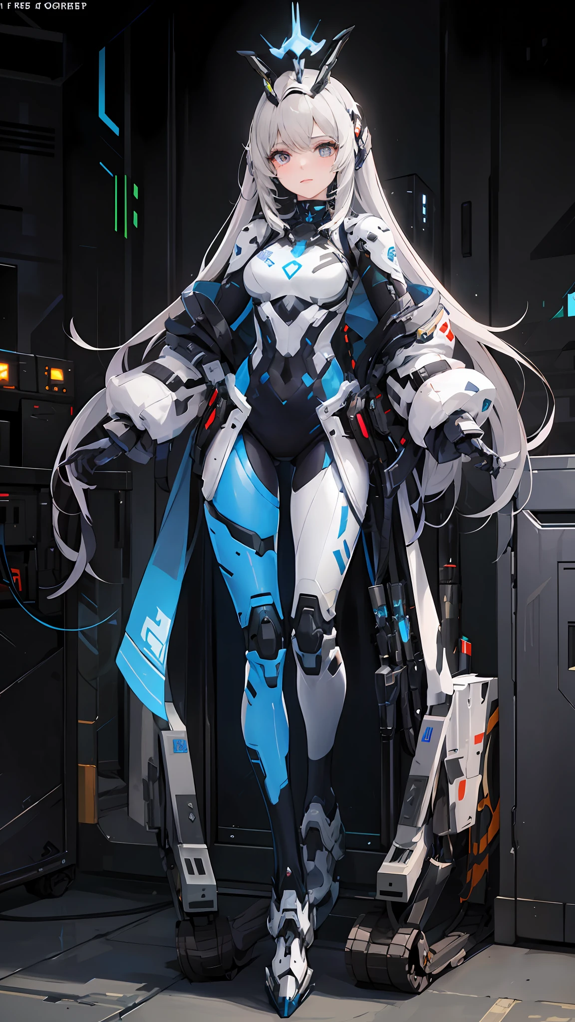 There is a woman in a costume standing on a robot, porcelain cyborg armor, girl in mecha cyber armor, Mechanized Valkyrie girl, of a beautiful female warframe, inspired by Leng Mei, female mecha, wearing techwear and armor, porcelain cyborg, Mecha suit, cyberpunk robotic elvish queen, echo from overwatch, sci - fi character