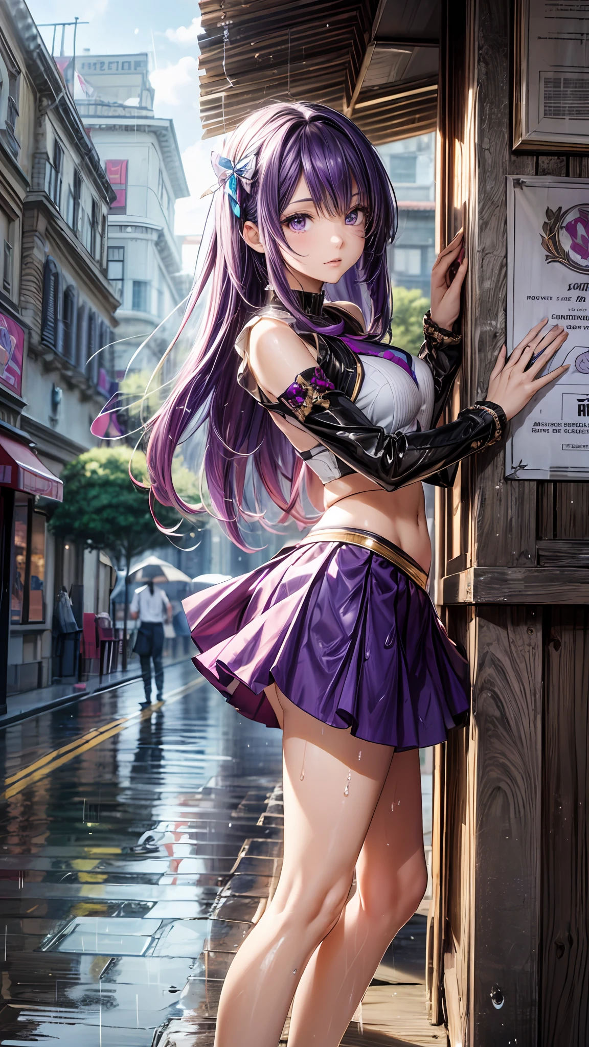 Best quality, Ultra-detailed, very high res, Extremely detailed CG, style of anime, 8K, nice hand, Perfect hands, Perfect body, (Purple eyes), (Purple hair to the shoulders), Extremely long purple diamond hair floats, Yellow ribbon, Beautiful eyes,Wet clothes, Short purple skirt, detailed and beatiful face and eyes, ((Shiny skin)), Shiny hair, (detailed and beautiful shiny clothes, under a kiosk, In a square, waiting for rain to pass,overcast sky, rainy days,dynamicposes,low perspective,
