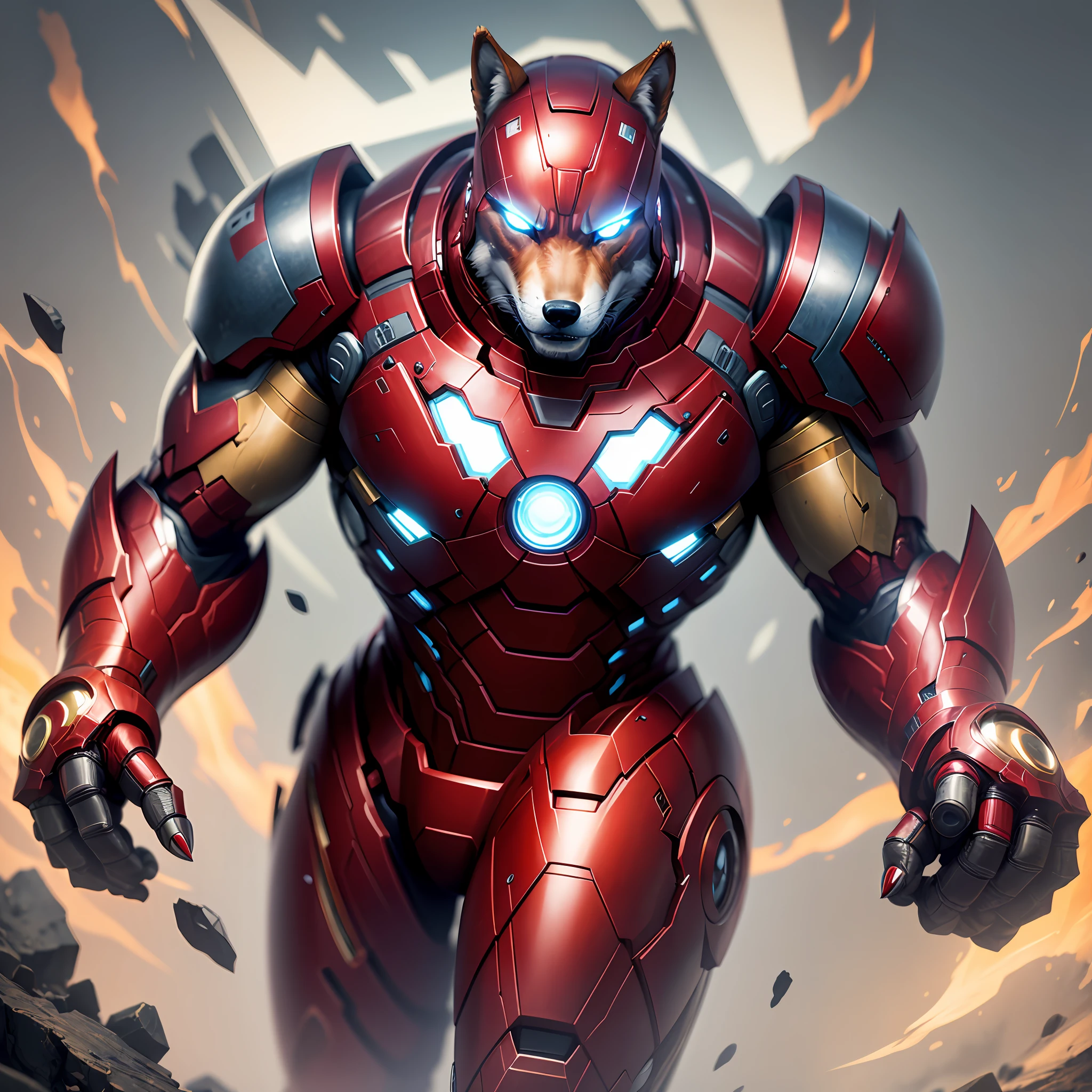 masterpiece, best quality, ultra detailed, wallpaper, big wolf in the body of human, wolf head, claws, fang, iron man suit --auto --s2