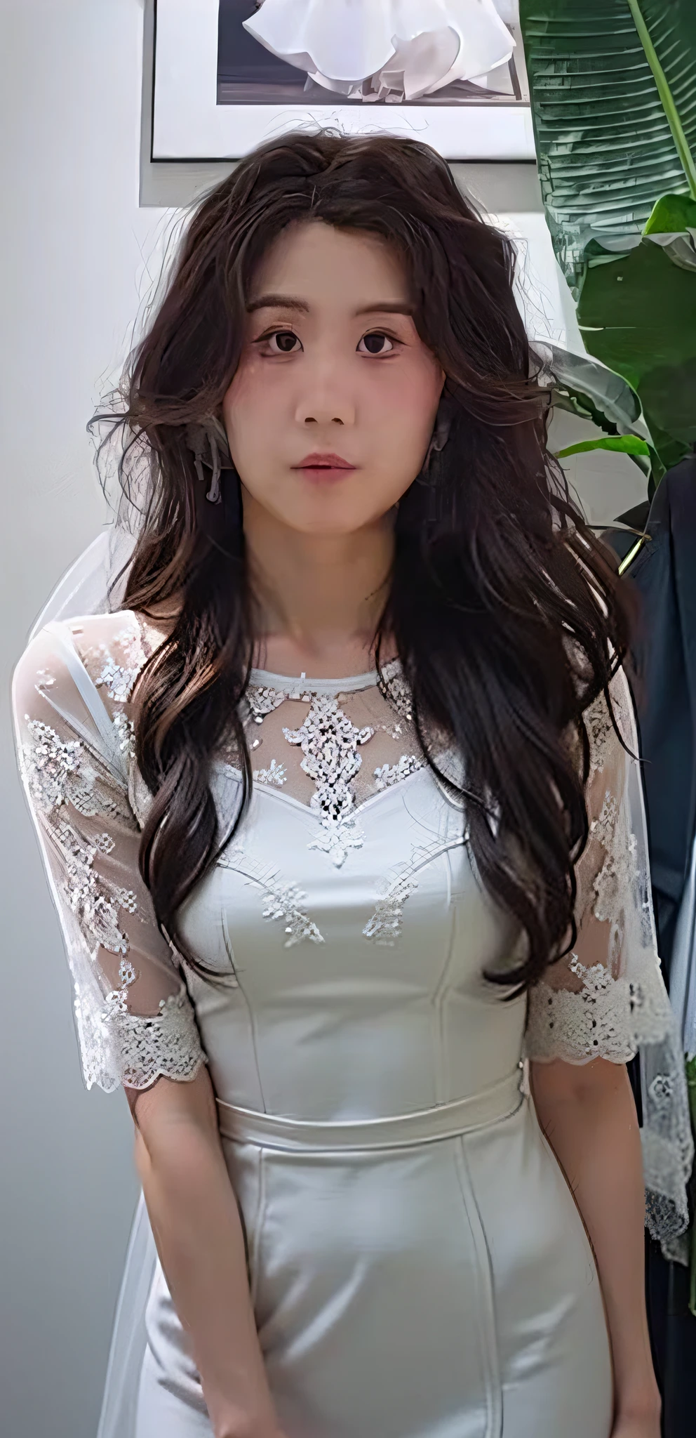 white wedding gown,Flowers in hand,