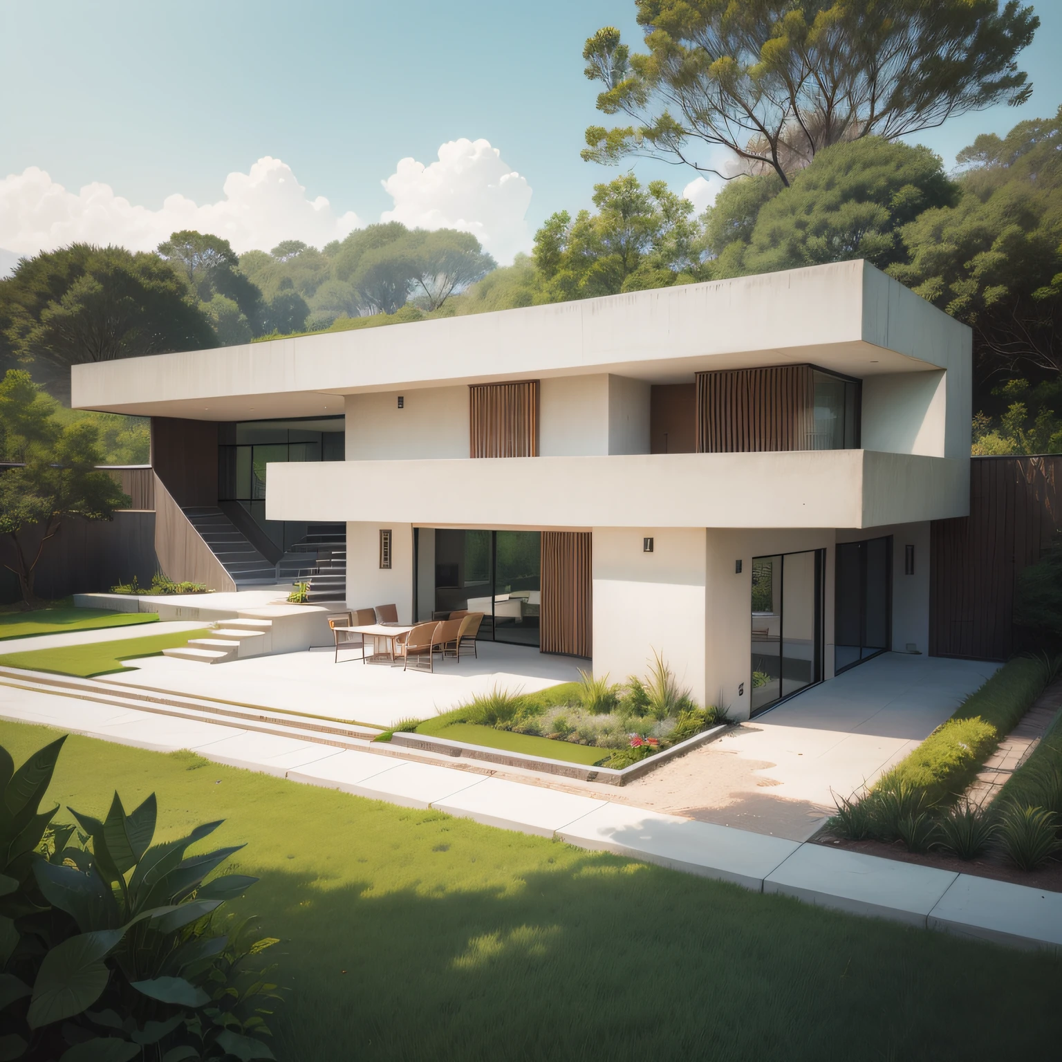 Uma cachoeira em frente a uma moderna casa de concreto branco na floresta, a digital rendering by Maginel Wright Enright Barney, Pinterest, Modernismo, provia, creative commons attribution, biomorphic