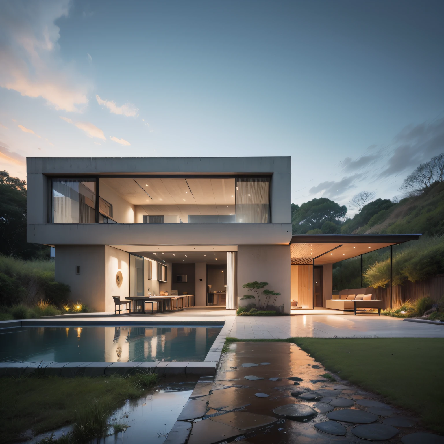 Uma cachoeira em frente a uma moderna casa de concreto branco na floresta, a digital rendering by Maginel Wright Enright Barney, Pinterest, Modernismo, provia, creative commons attribution, biomorphic
