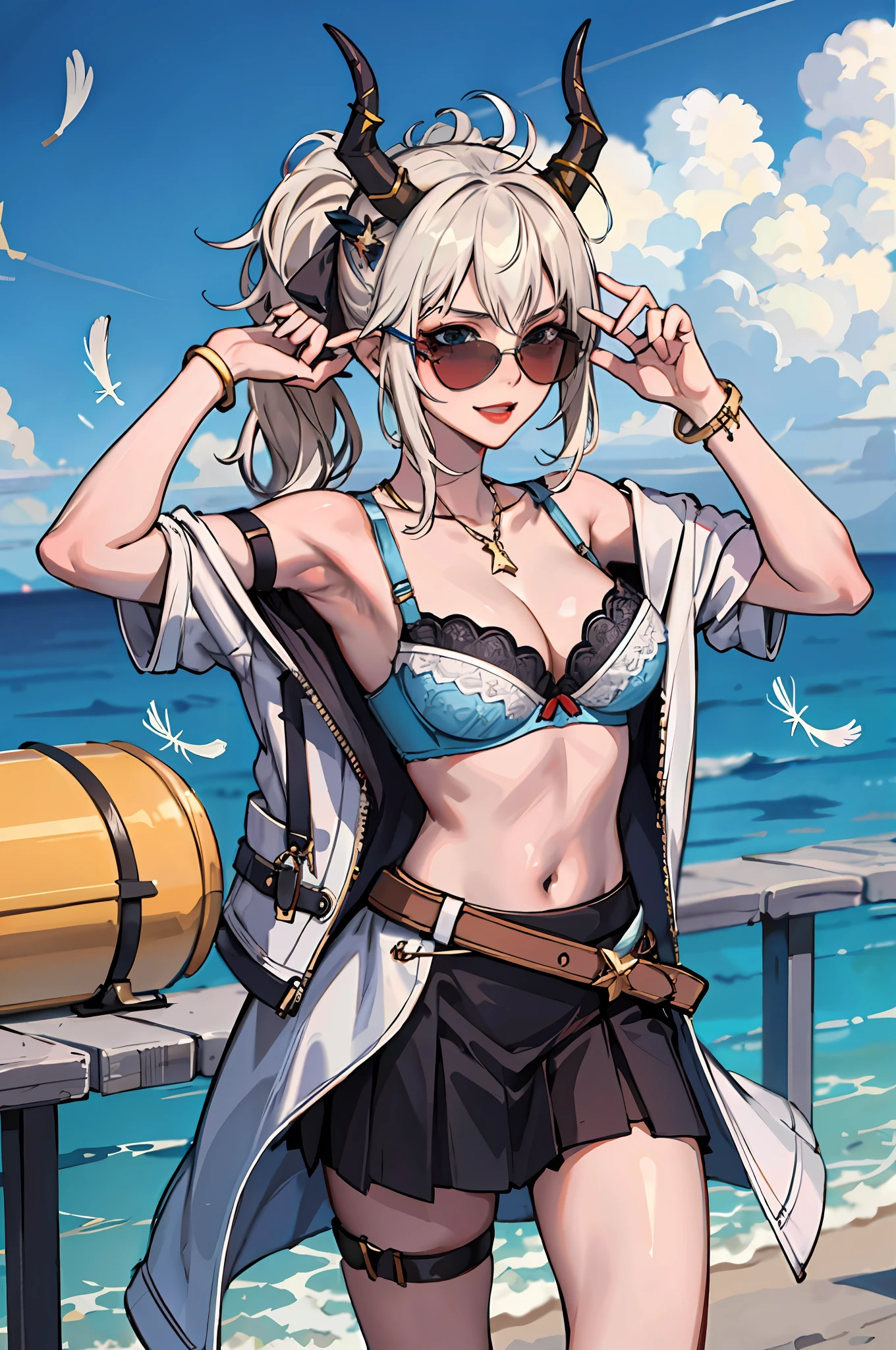 (masterpiece:1.2, best quality), (1girl, solo:1.2), lol hair, weird sunglasses, horns accessory, feather clothes, bra, cool skirt