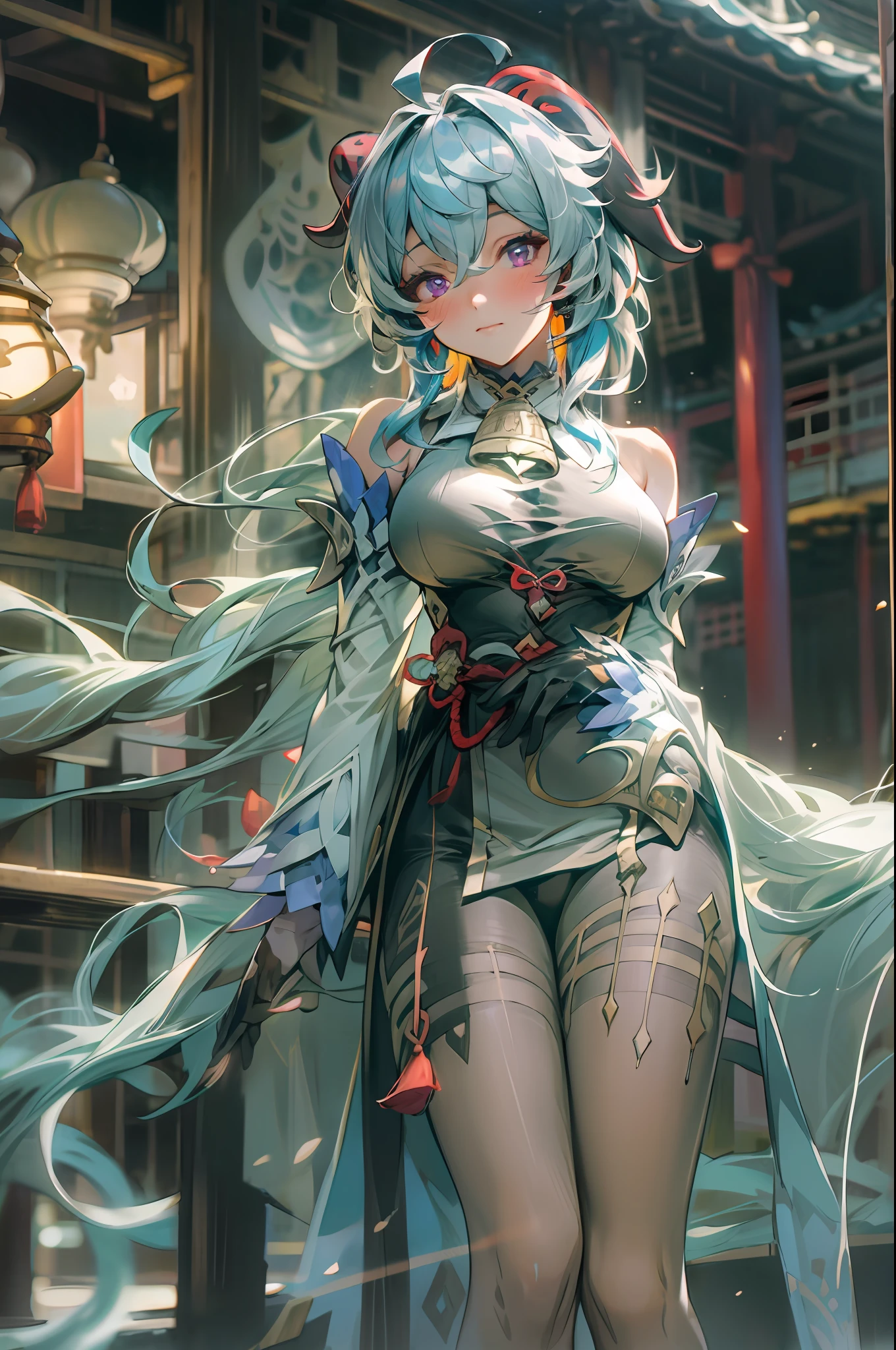 masterpiece, (photorealistic:1.5), best quality, beautiful lighting, real life,
ganyu \(genshin impact\), 1girl, ahoge, architecture, bangs, bare shoulders, bell, black gloves, black pantyhose, (blue hair), blush, breasts, chinese knot, detached sleeves, east asian architecture, flower knot, gloves, horns, long hair, looking at viewer, medium breasts, neck bell, night, outdoors, pantyhose, purple eyes, sidelocks, solo, tassel,  white sleeves, (ulzzang-6500:0.5)
, intricate, high detail, sharp focus, dramatic, beautiful girl , (RAW photo, 8k uhd, film grain), caustics, subsurface scattering, reflections