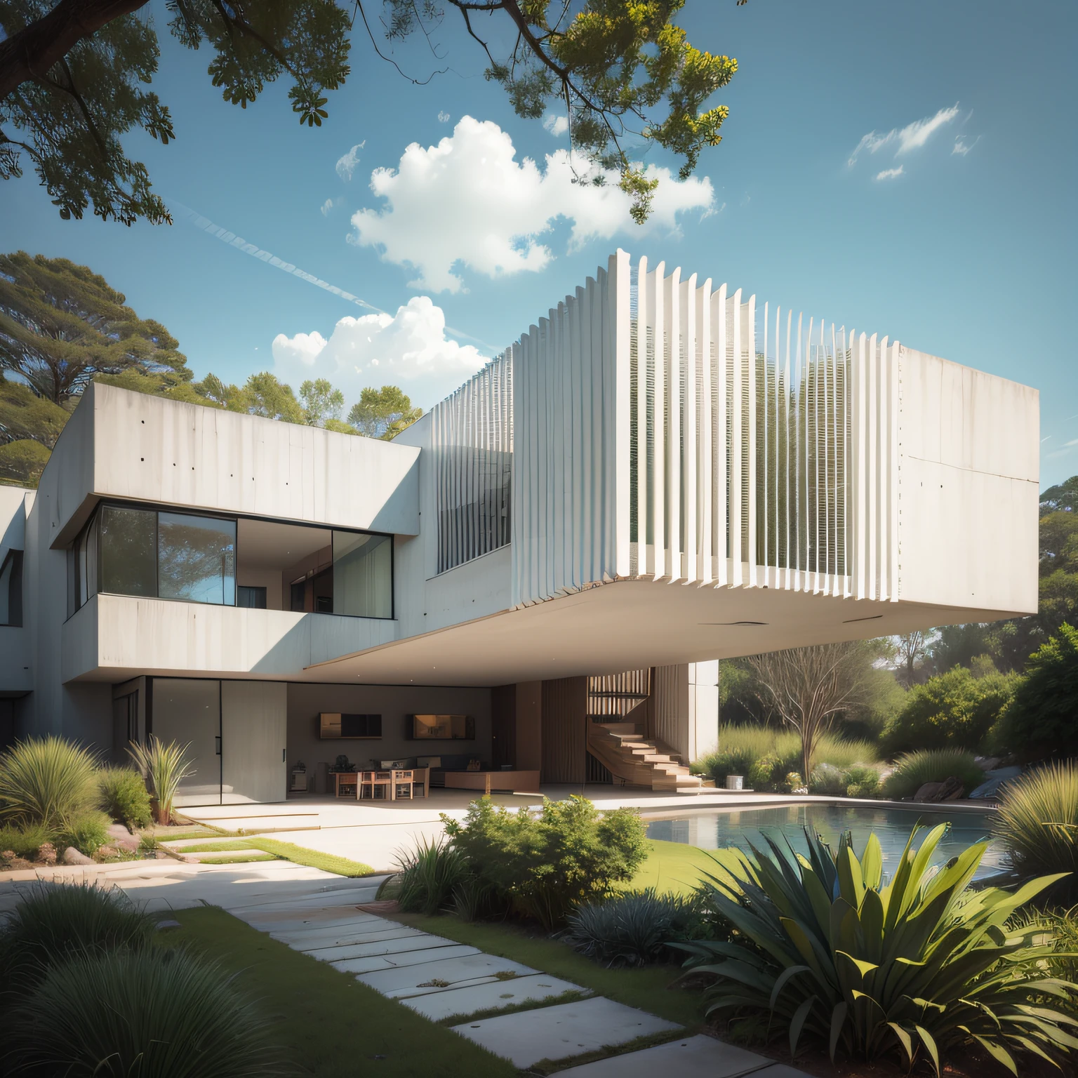 Uma cachoeira em frente a uma moderna casa de concreto branco na floresta, a digital rendering by Maginel Wright Enright Barney, Pinterest, Modernismo, provia, creative commons attribution, biomorphic