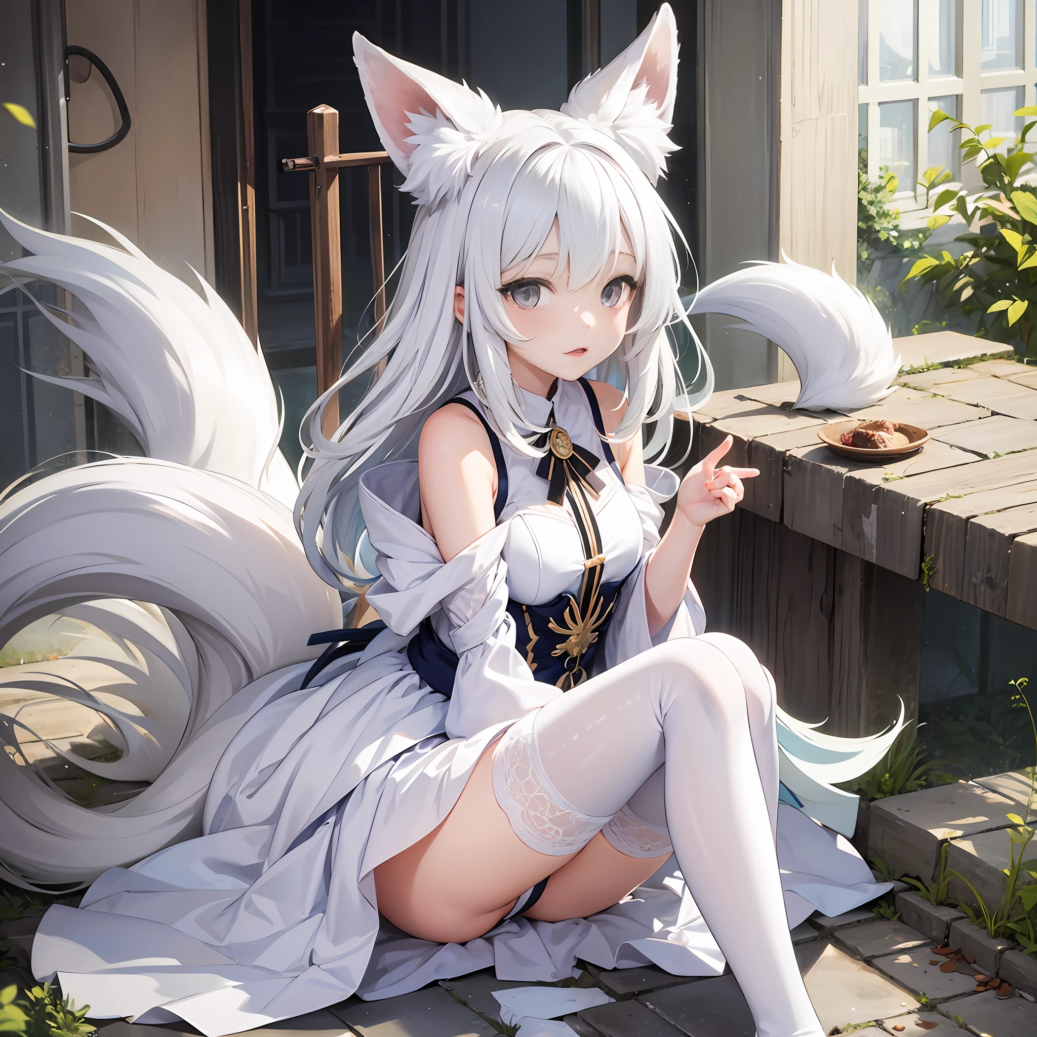 tmasterpiece，Anime style，White color hair，White fox tail，White fox ears，white stockings，sat on the ground，Telescopic shot --auto