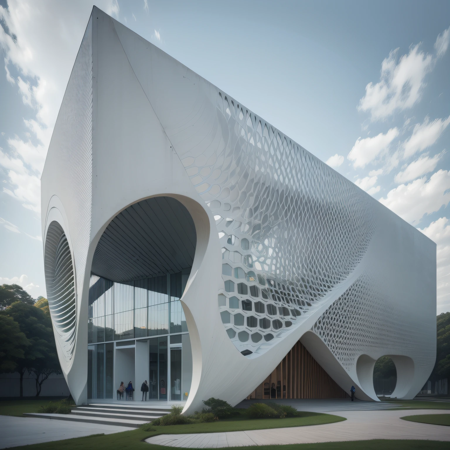Um museu modeno, futuristic white concrete, com muito vidro nas fachadas, no maior da floresta, por Tadao Ando, organic form — ar 16: hiperealismo