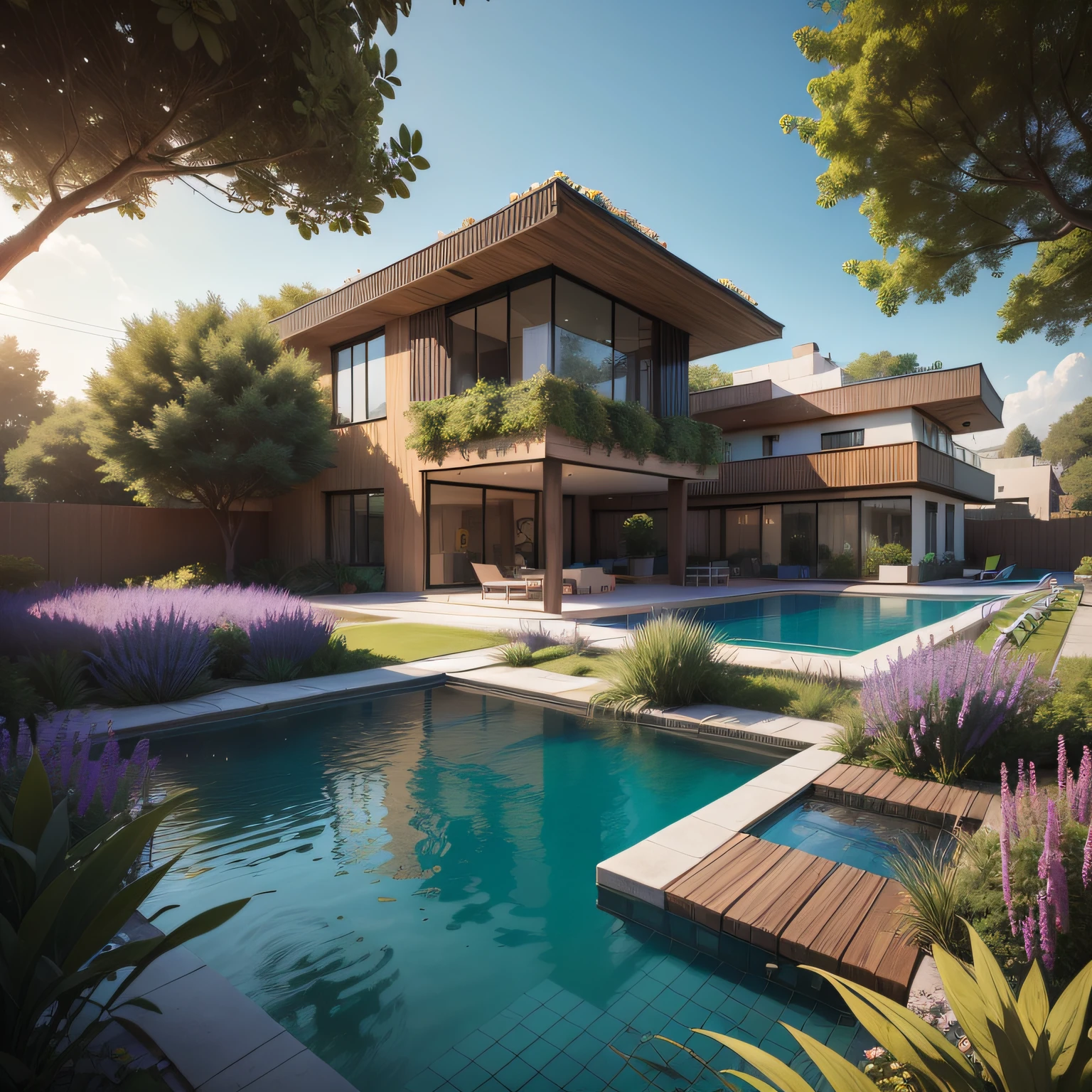 Organic modern architecture on a fairly large plot, from , there is a swimming pool in the middle of a large house of a flower, color of the house in chocolate brown and black beams, large modern residence, flat roofs and garden, render luxcore, render oktane, a photorealistic rendering, architectural rendering, mantra rendering, architectural rendering, realistic rendering, architectural visualization, wellness pool, Architectural visualization, large green zones, with small zones of lavender flowers, green shrubs type lush green garden, as well as small water mirrors, swimming pool embedded in an area of sand, olive and pine trees around the house, paddle court next to the house