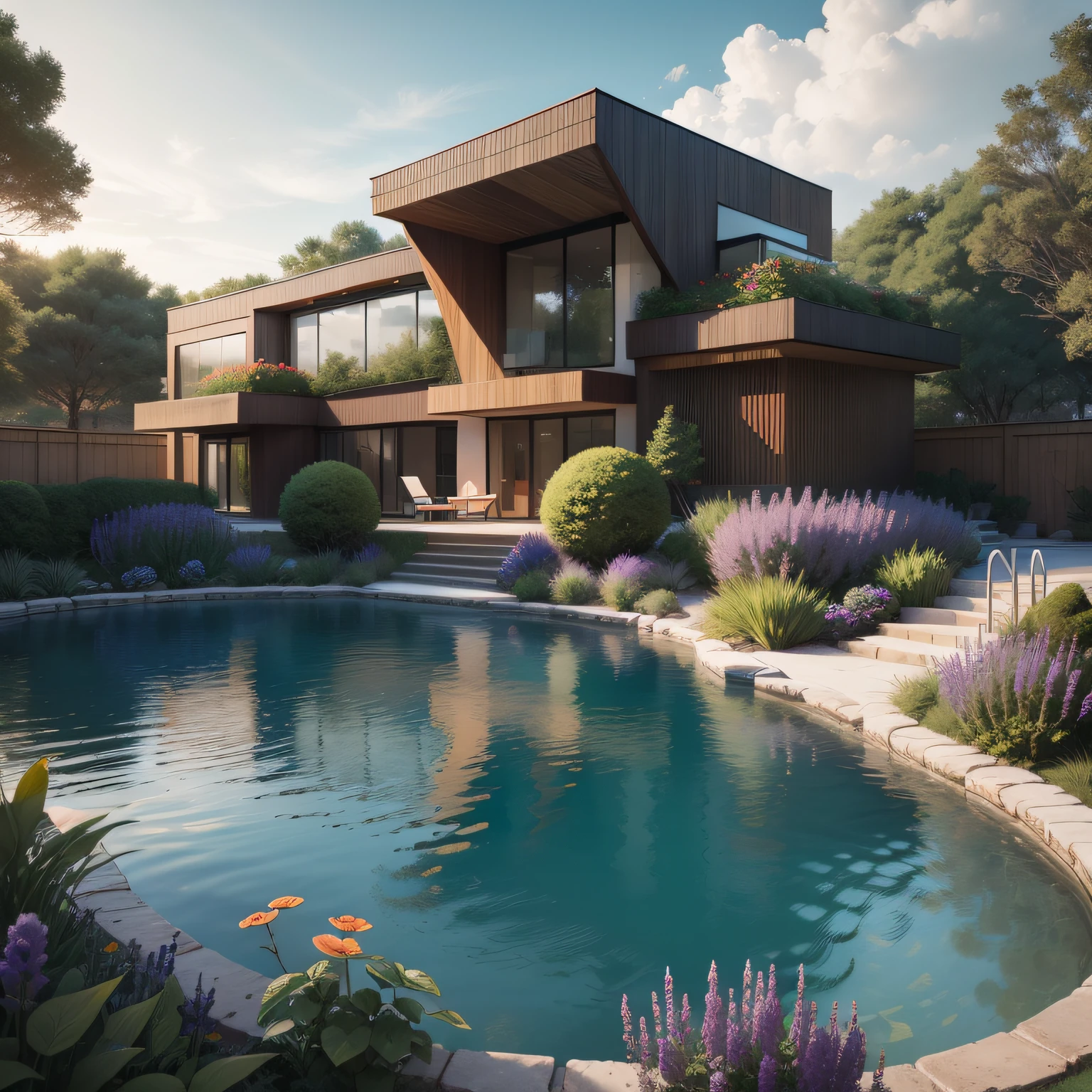 Organic modern architecture on a fairly large plot, from , there is a swimming pool in the middle of a large house of a flower, color of the house in chocolate brown and black beams, large modern residence, flat roofs and garden, render luxcore, render oktane, a photorealistic rendering, architectural rendering, mantra rendering, architectural rendering, realistic rendering, architectural visualization, wellness pool,  Architectural visualization, large green zones, with small zones of lavender flowers, green shrubs type lush green garden, as well as small water mirrors, swimming pool embedded in an area of sand, olive and pine trees around the house, paddle court next to the house