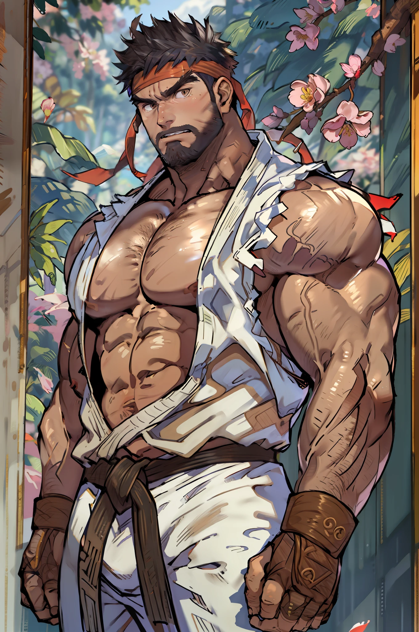 (masterpiece, best quality:1.2), cowboy shot, solo, male focus, 1boy, ryu \(sf\), middle age, serious, closed mouth, white skin, looking at viewer, black hair, black beard, detailed face tall, hunk, muscular, wide shoulder, big physique, shirtless, open chest, wearing a big brown sash, white Dougi pant, red headband, fingerless gloves, blue aura, cherry blossom in the background, high detailed